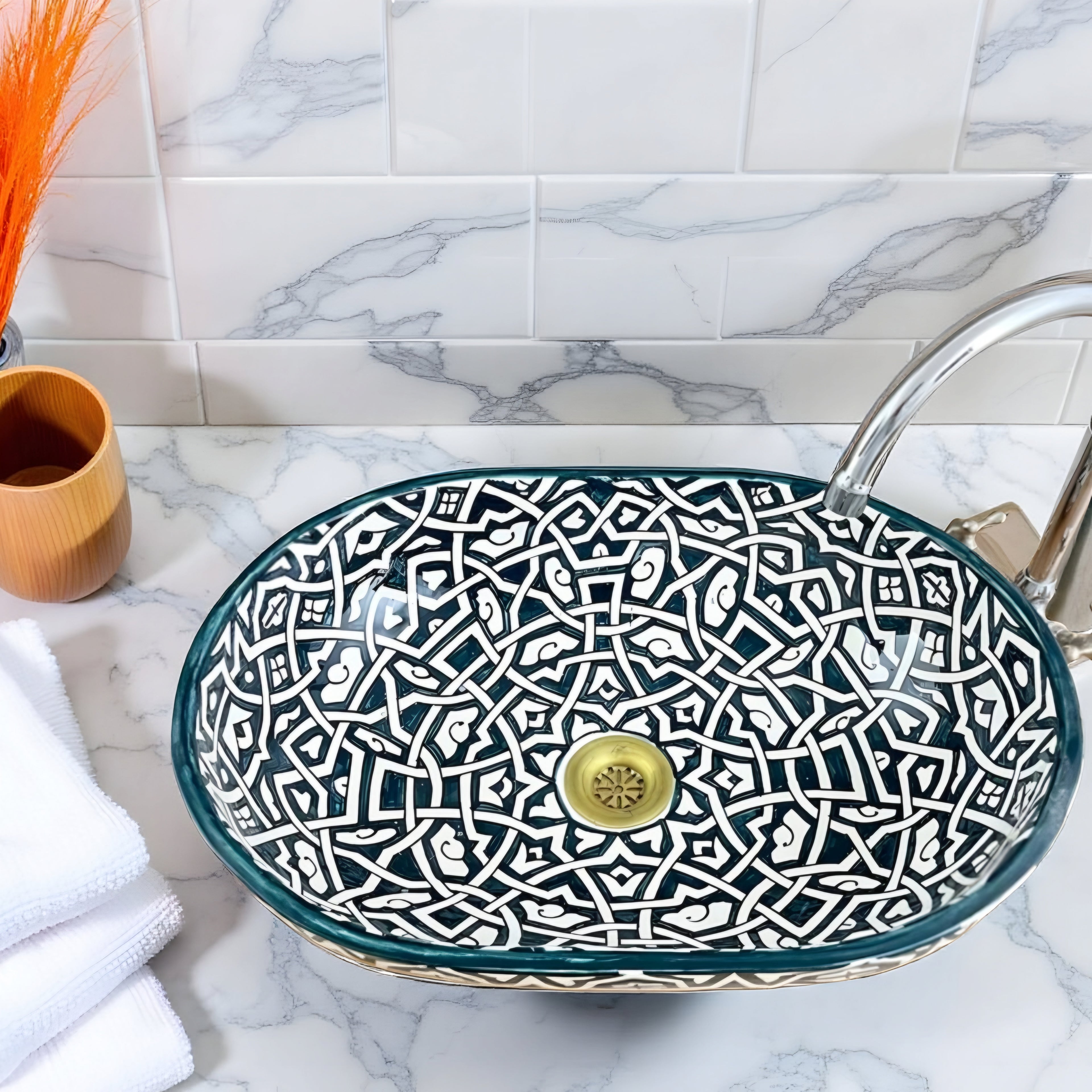 Oval Hand-Painted Moroccan Ceramic Vessel Sink – Green & White Artisan Bathroom Basin