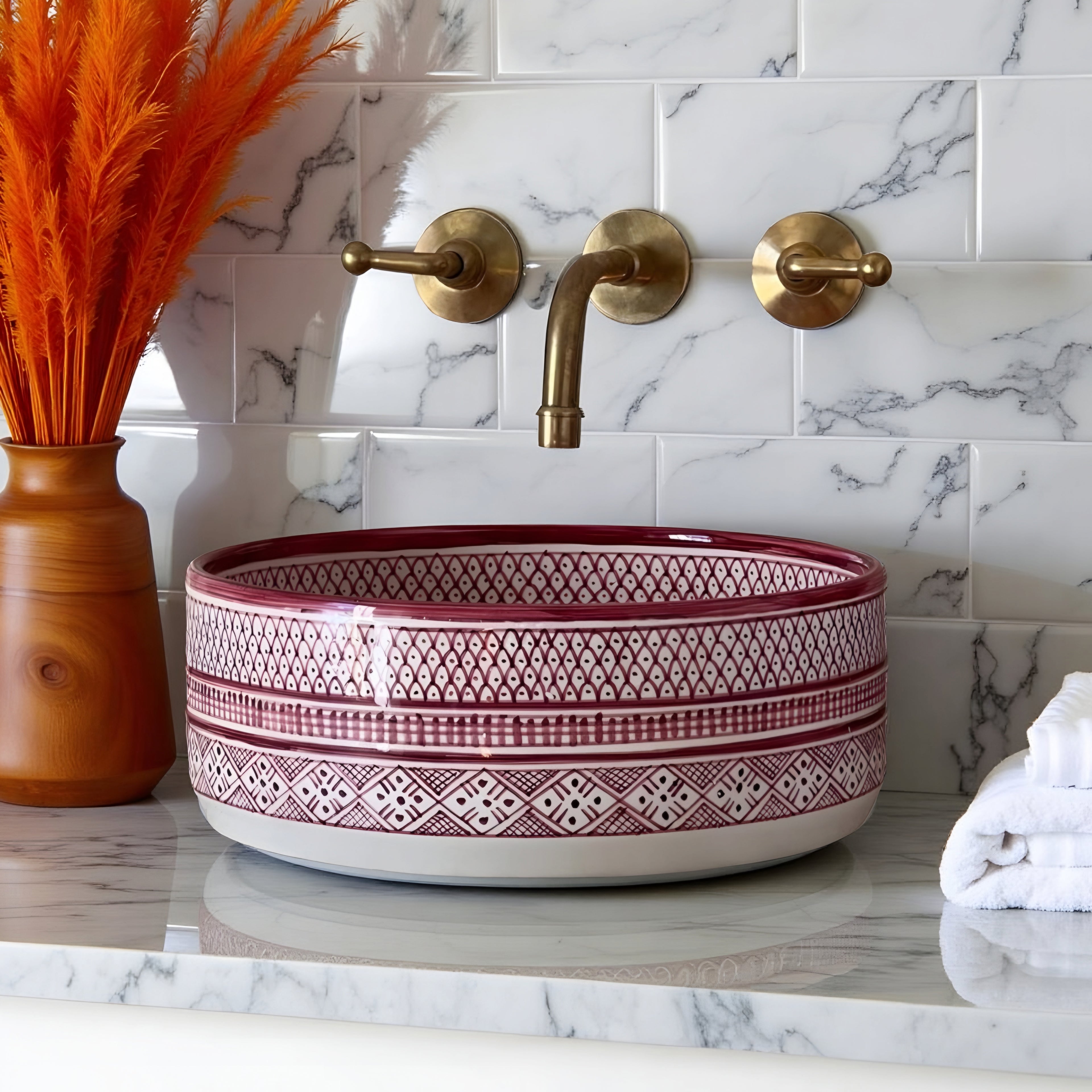 Handcrafted Moroccan Ceramic Vessel Sink – Burgundy & White Artisan Bathroom Basin