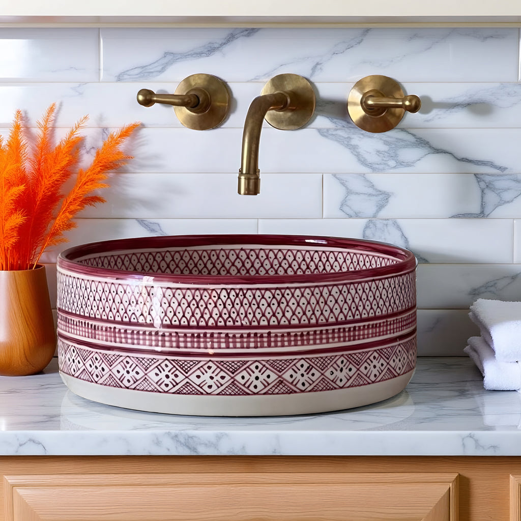 Handcrafted Moroccan Ceramic Vessel Sink – Burgundy & White Artisan Bathroom Basin