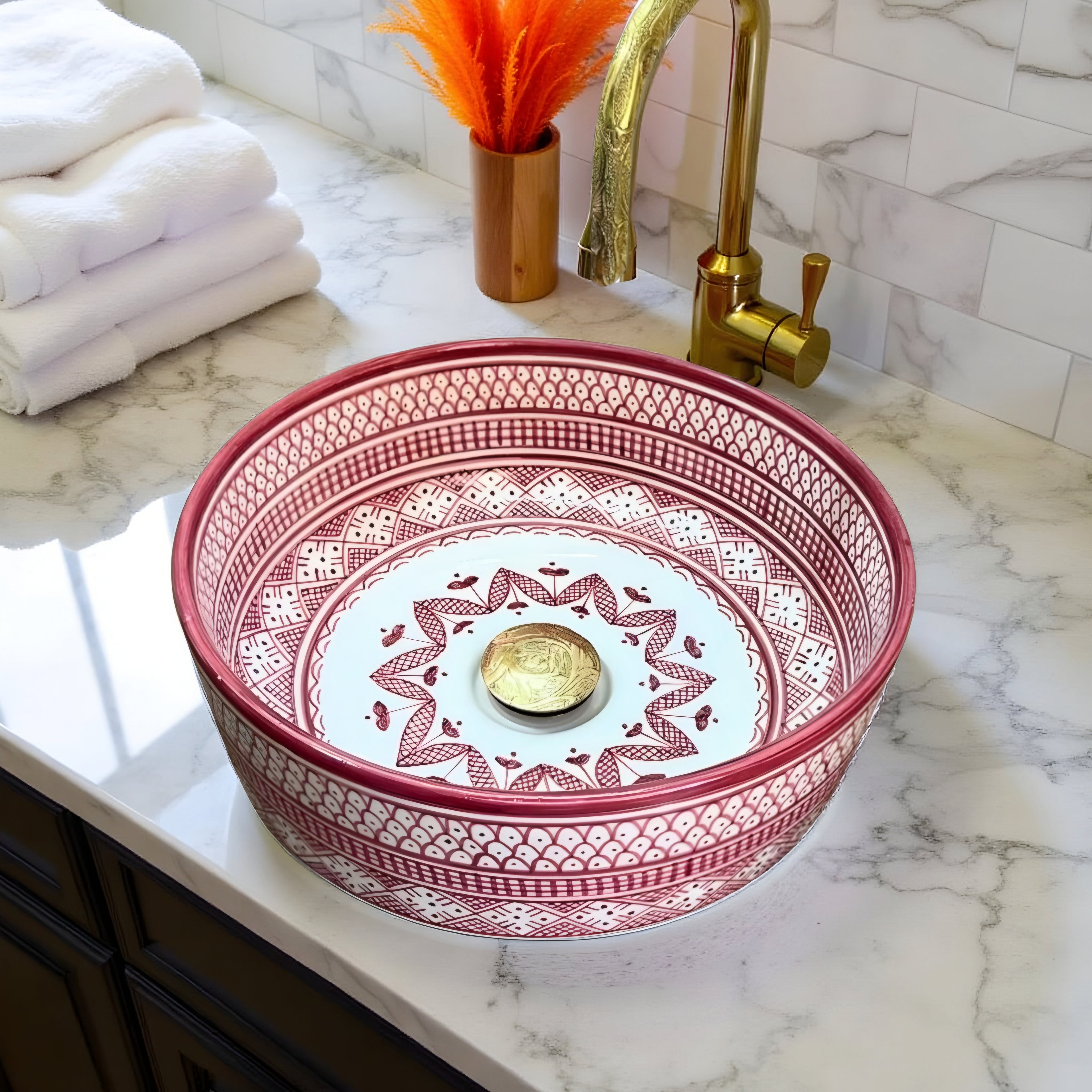 Handcrafted Moroccan Ceramic Vessel Sink – Burgundy & White Artisan Bathroom Basin
