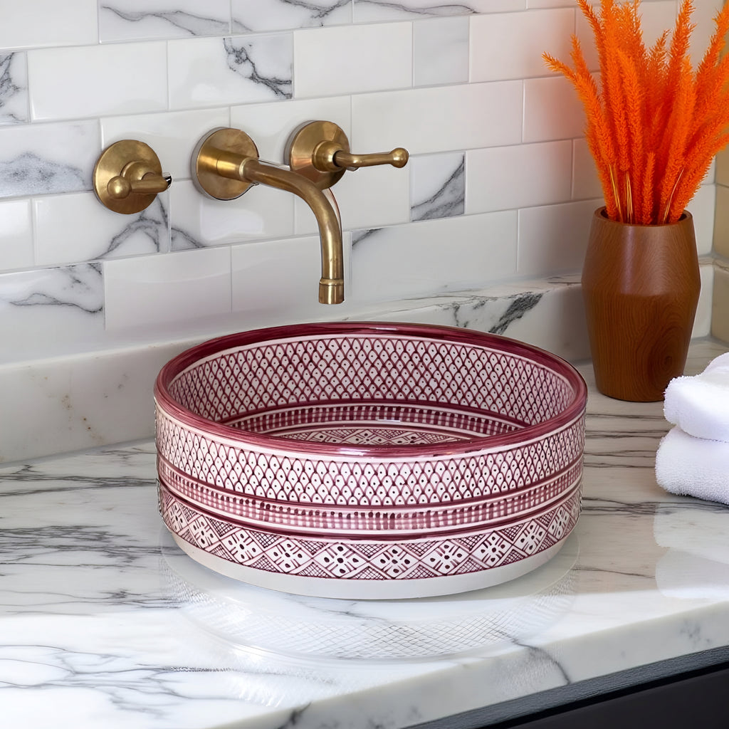 Handcrafted Moroccan Ceramic Vessel Sink – Burgundy & White Artisan Bathroom Basin