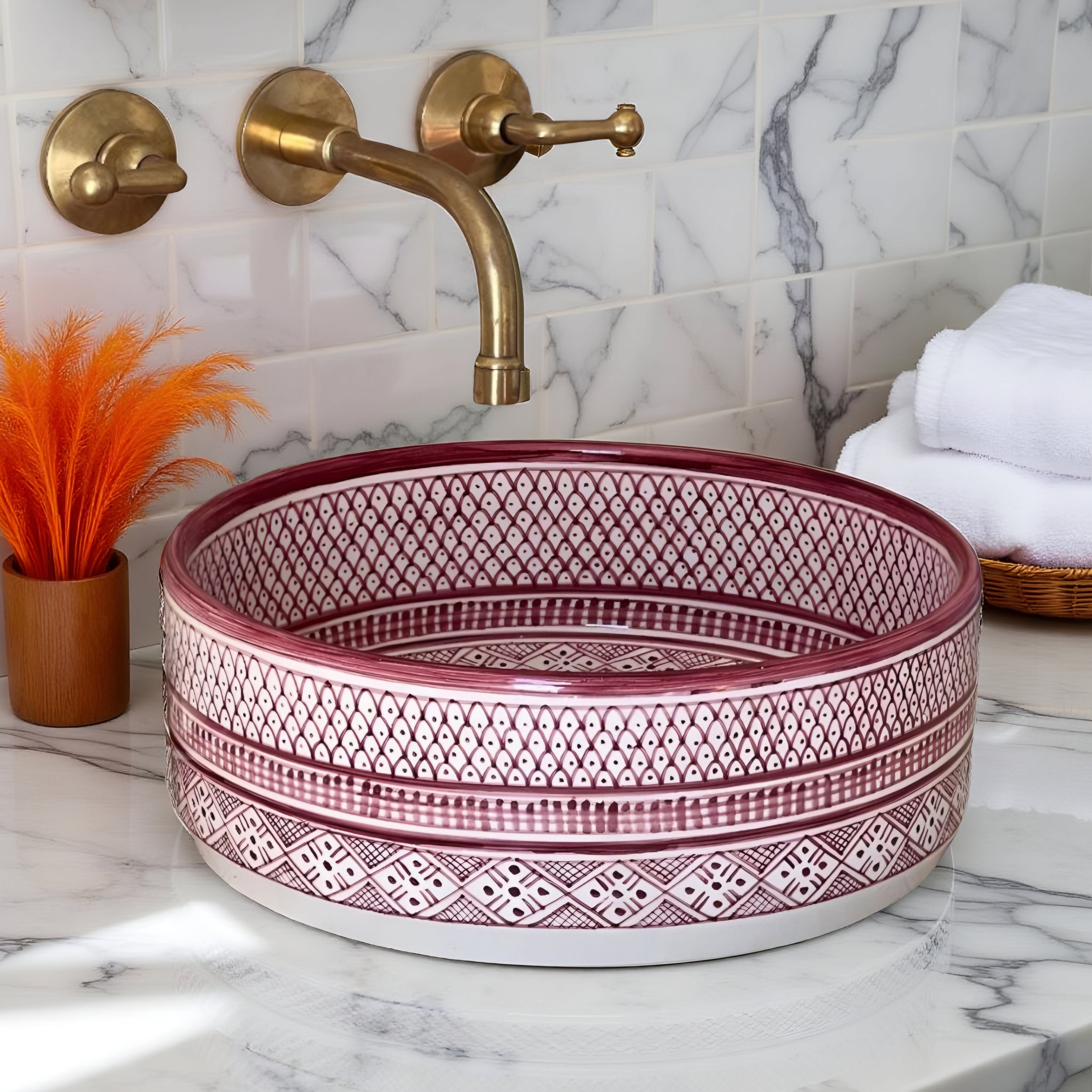 Handcrafted Moroccan Ceramic Vessel Sink – Burgundy & White Artisan Bathroom Basin