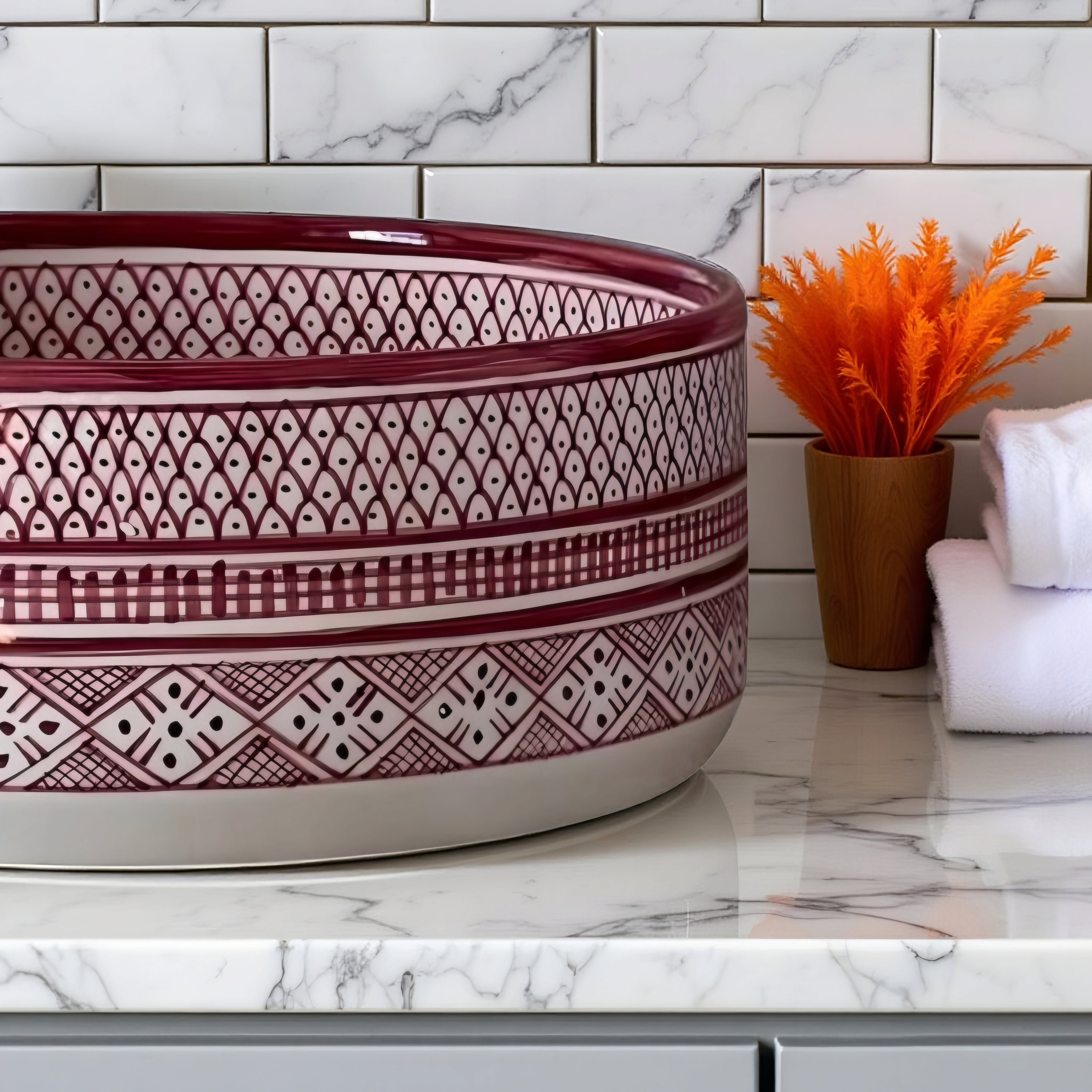 Handcrafted Moroccan Ceramic Vessel Sink – Burgundy & White Artisan Bathroom Basin