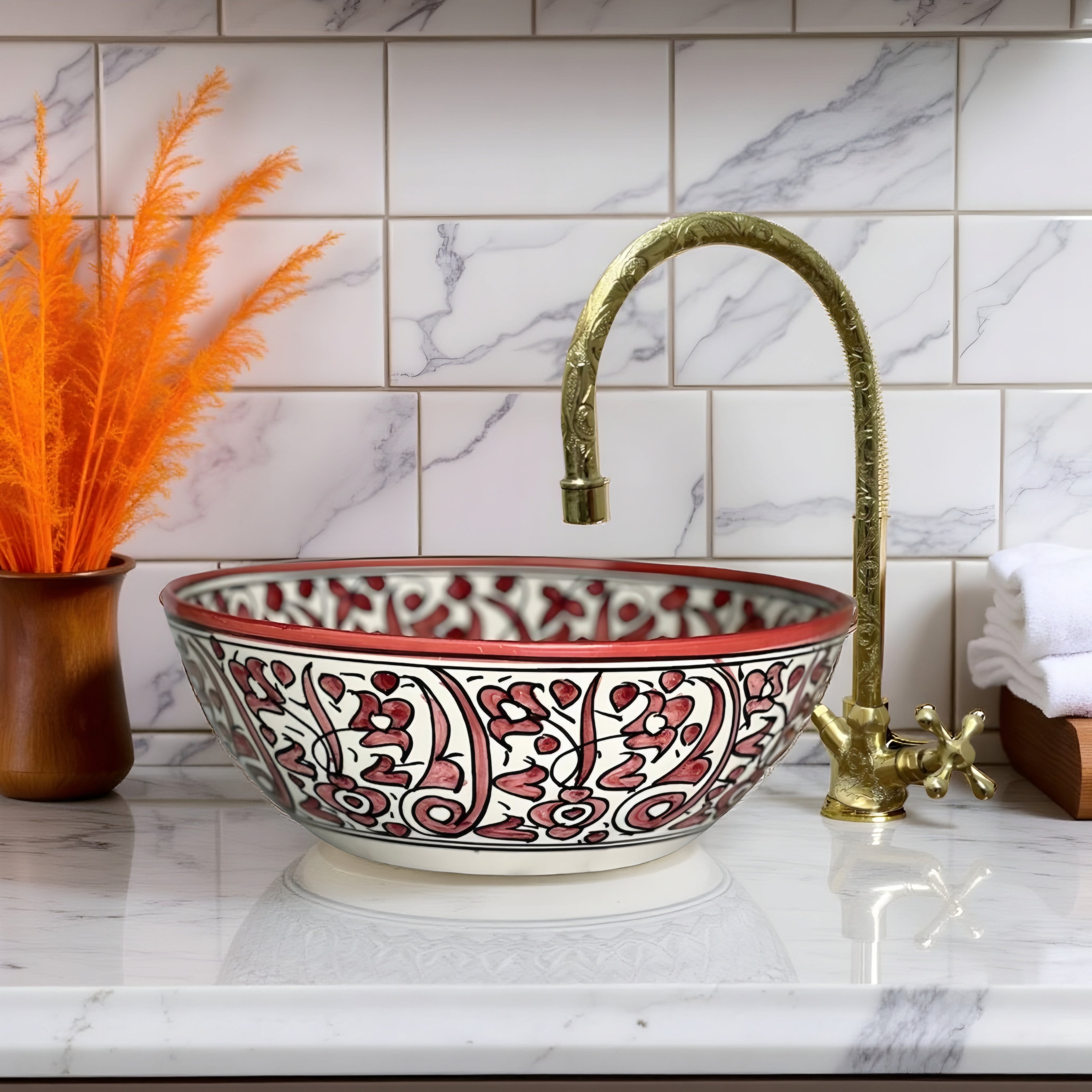 Round Hand-Painted Moroccan Ceramic Vessel Sink – Red & White Artisan Bathroom Basin