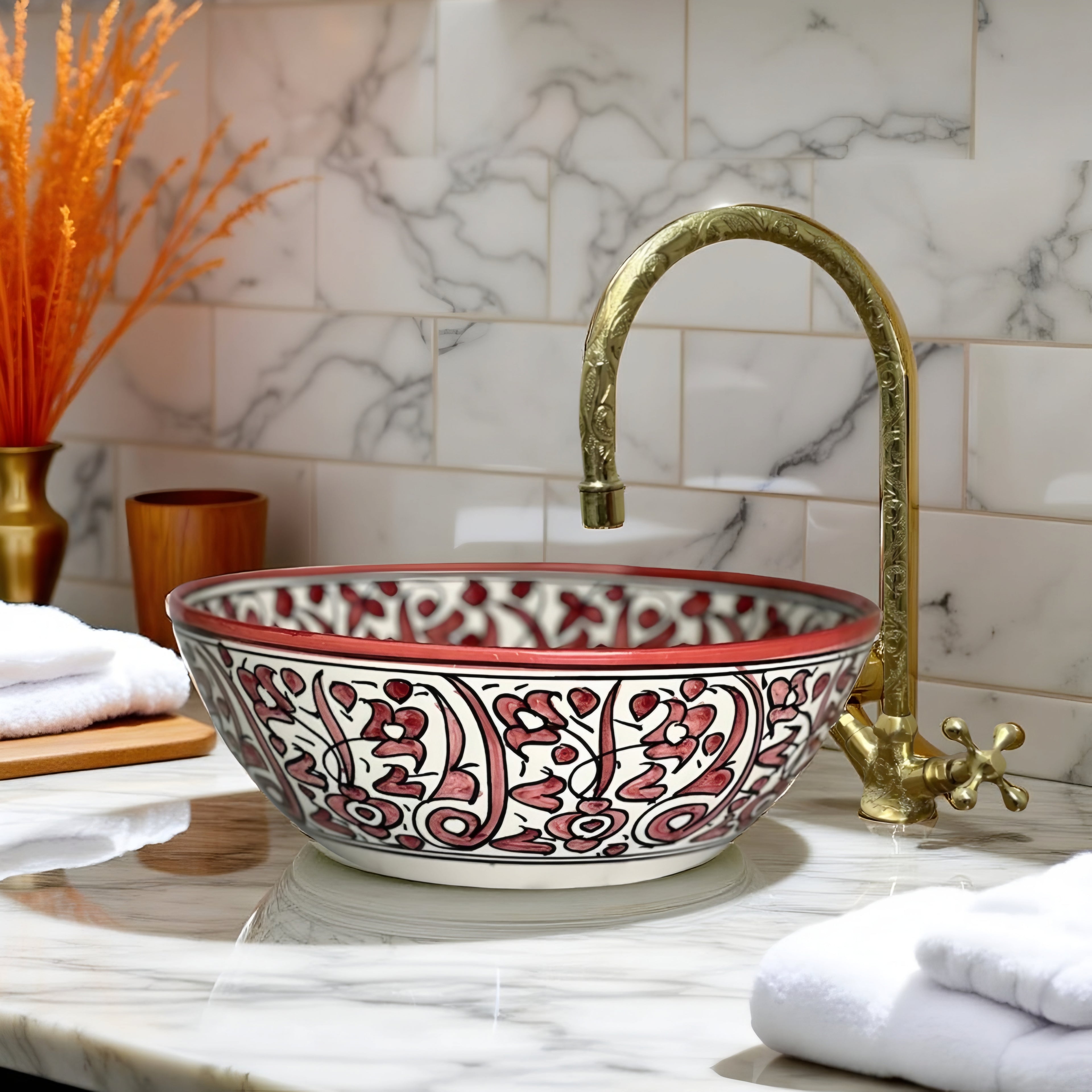 Round Hand-Painted Moroccan Ceramic Vessel Sink – Red & White Artisan Bathroom Basin