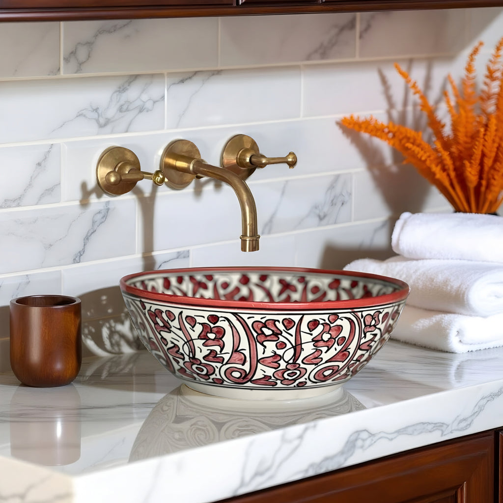 Round Hand-Painted Moroccan Ceramic Vessel Sink – Red & White Artisan Bathroom Basin