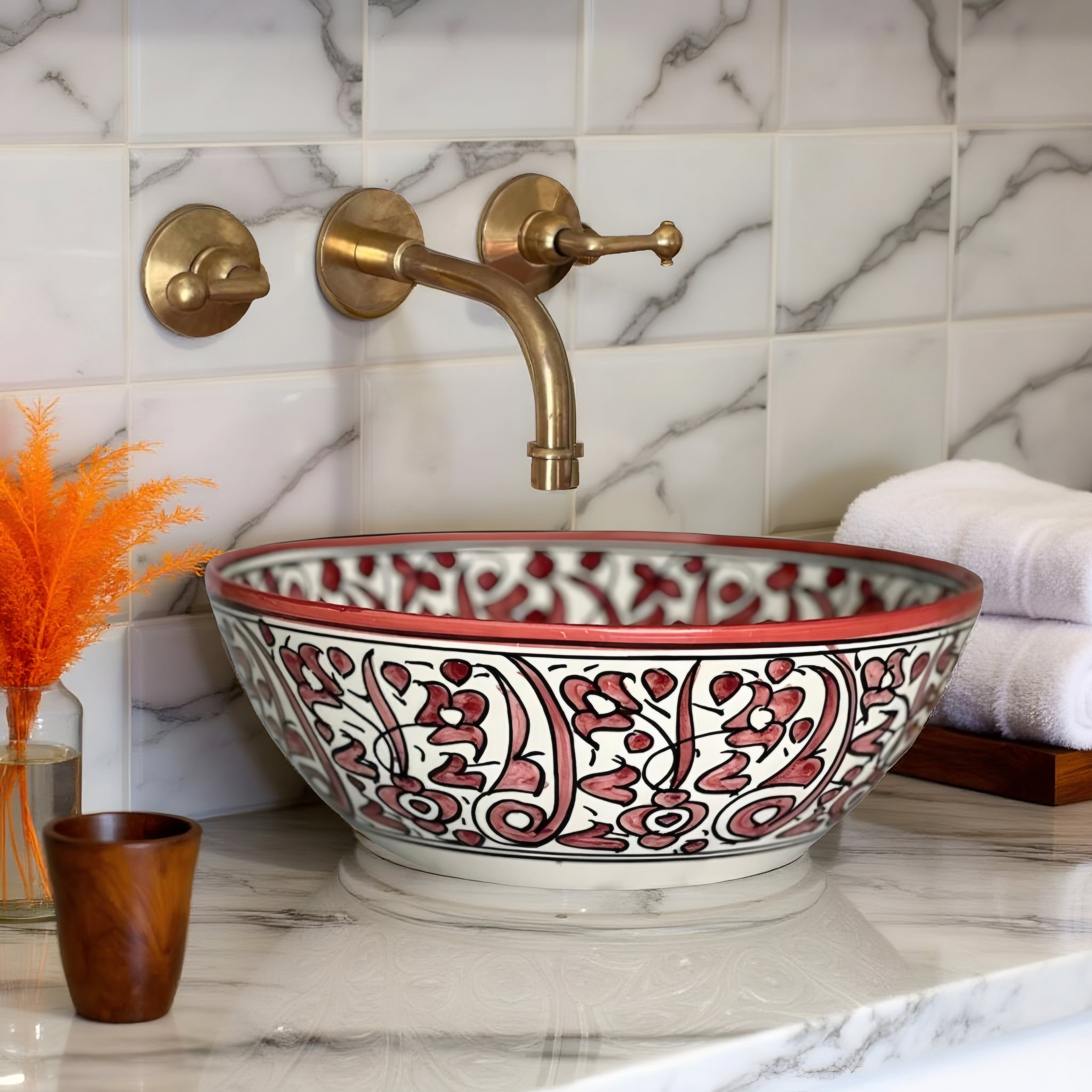 Round Hand-Painted Moroccan Ceramic Vessel Sink – Red & White Artisan Bathroom Basin