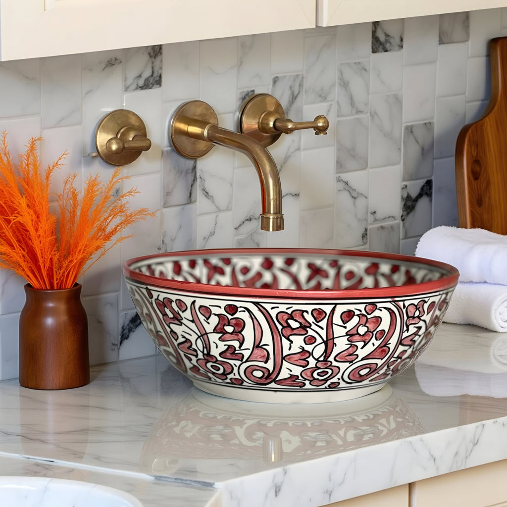 Round Hand-Painted Moroccan Ceramic Vessel Sink – Red & White Artisan Bathroom Basin