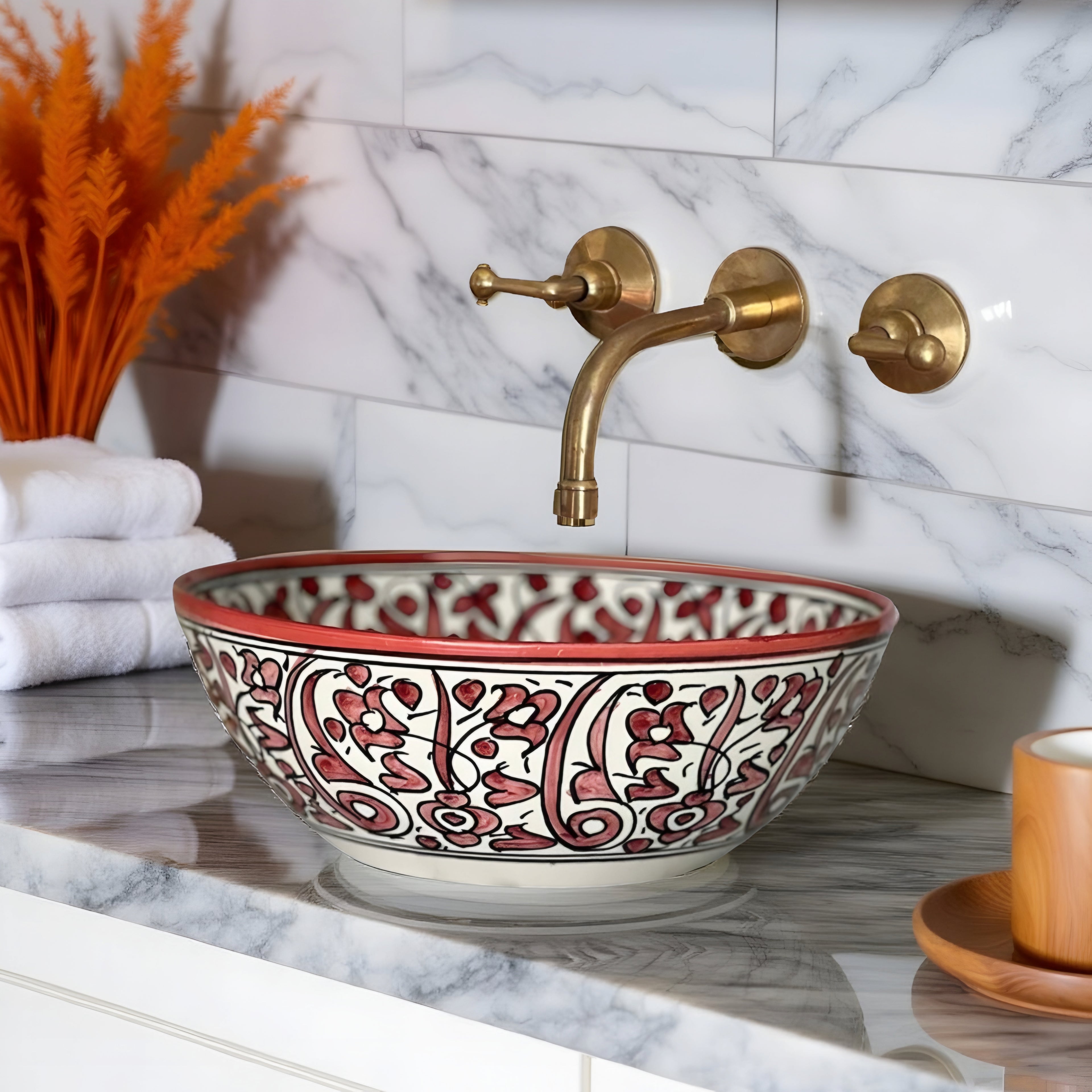 Round Hand-Painted Moroccan Ceramic Vessel Sink – Red & White Artisan Bathroom Basin