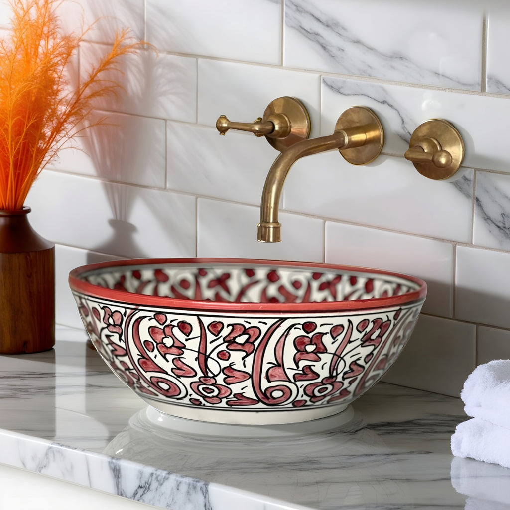 Round Hand-Painted Moroccan Ceramic Vessel Sink – Red & White Artisan Bathroom Basin