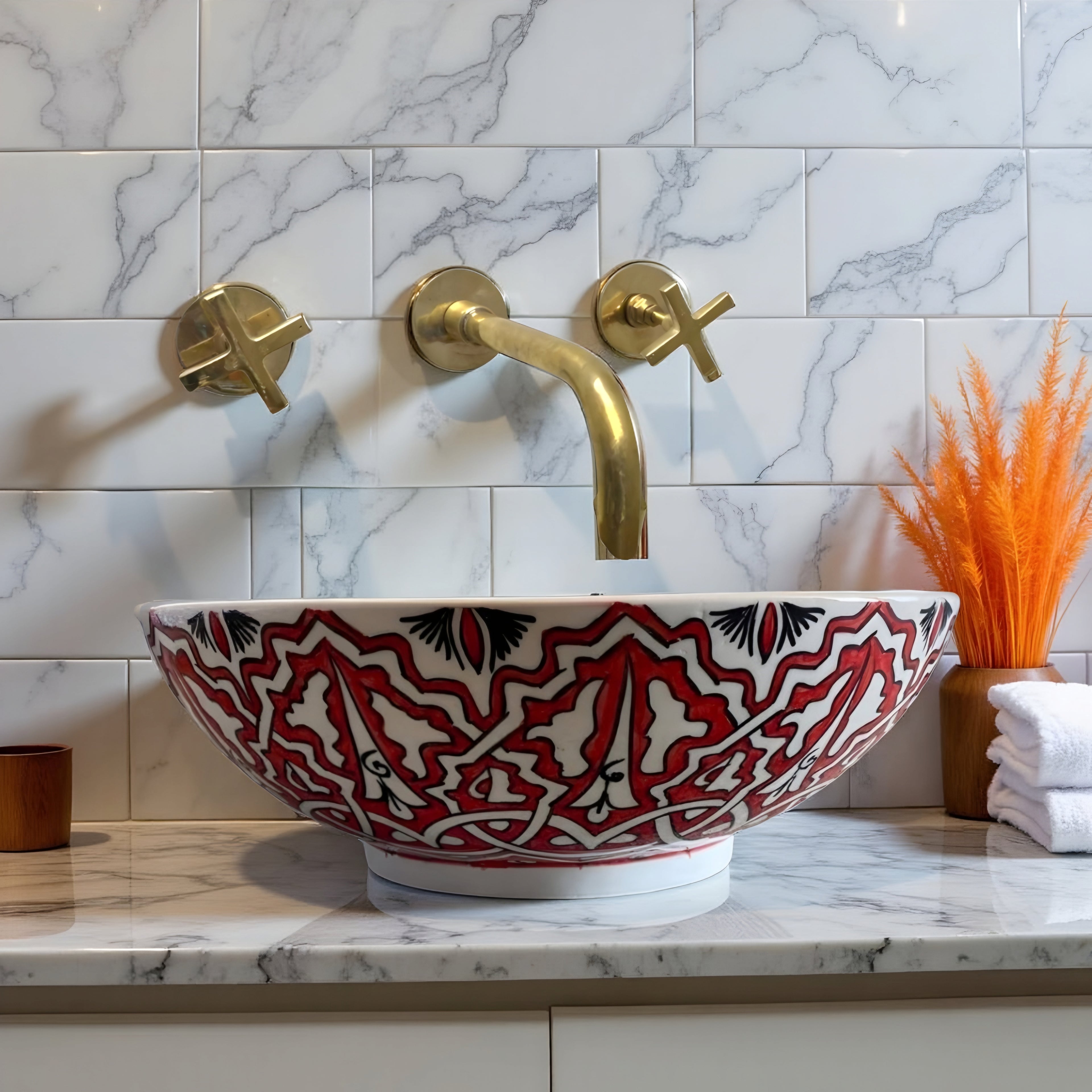 Round Hand-Painted Moroccan Ceramic Vessel Sink – Red & White Artisan Bathroom Basin