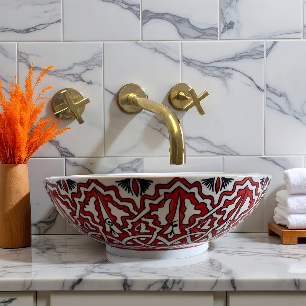 Round Hand-Painted Moroccan Ceramic Vessel Sink – Red & White Artisan Bathroom Basin