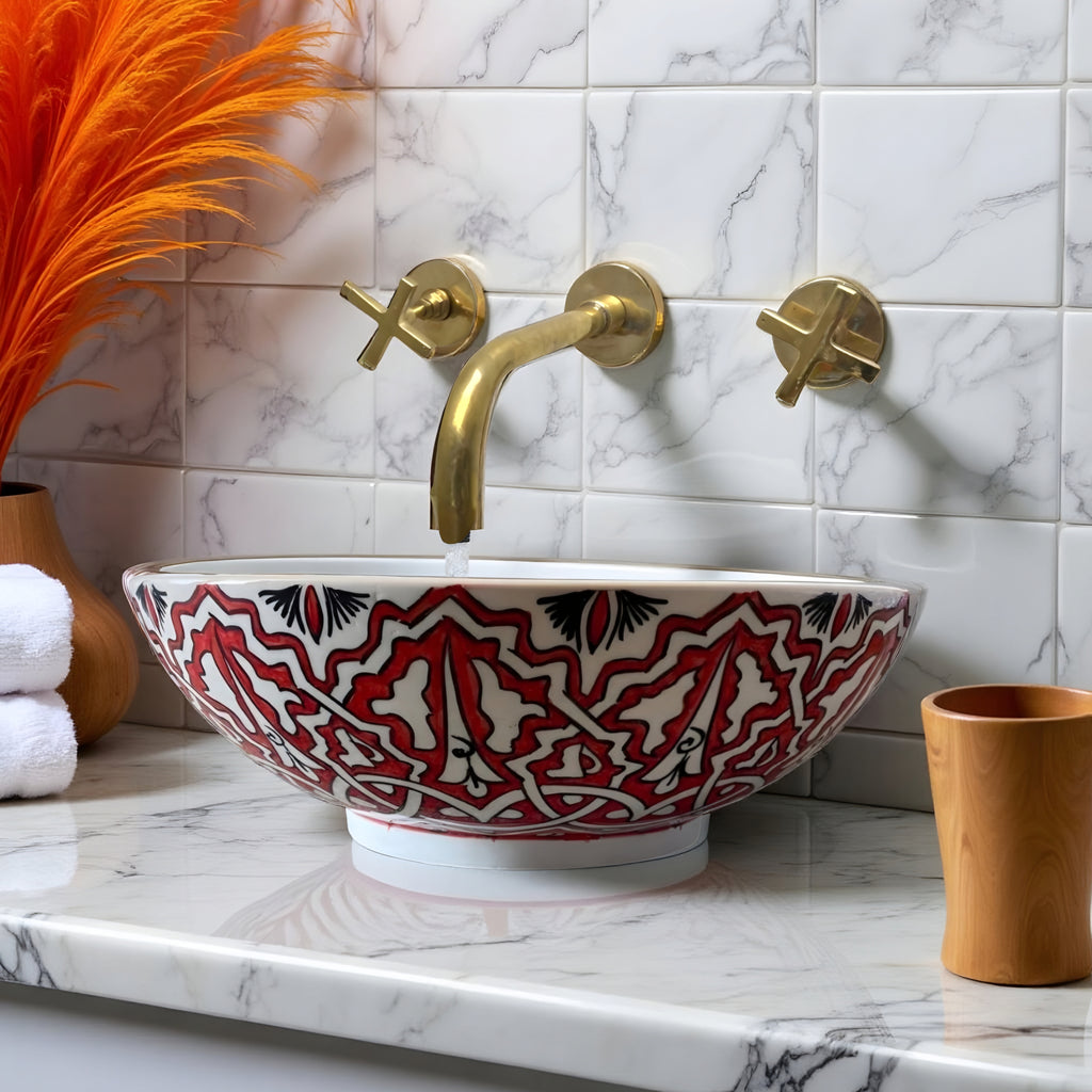 Round Hand-Painted Moroccan Ceramic Vessel Sink – Red & White Artisan Bathroom Basin