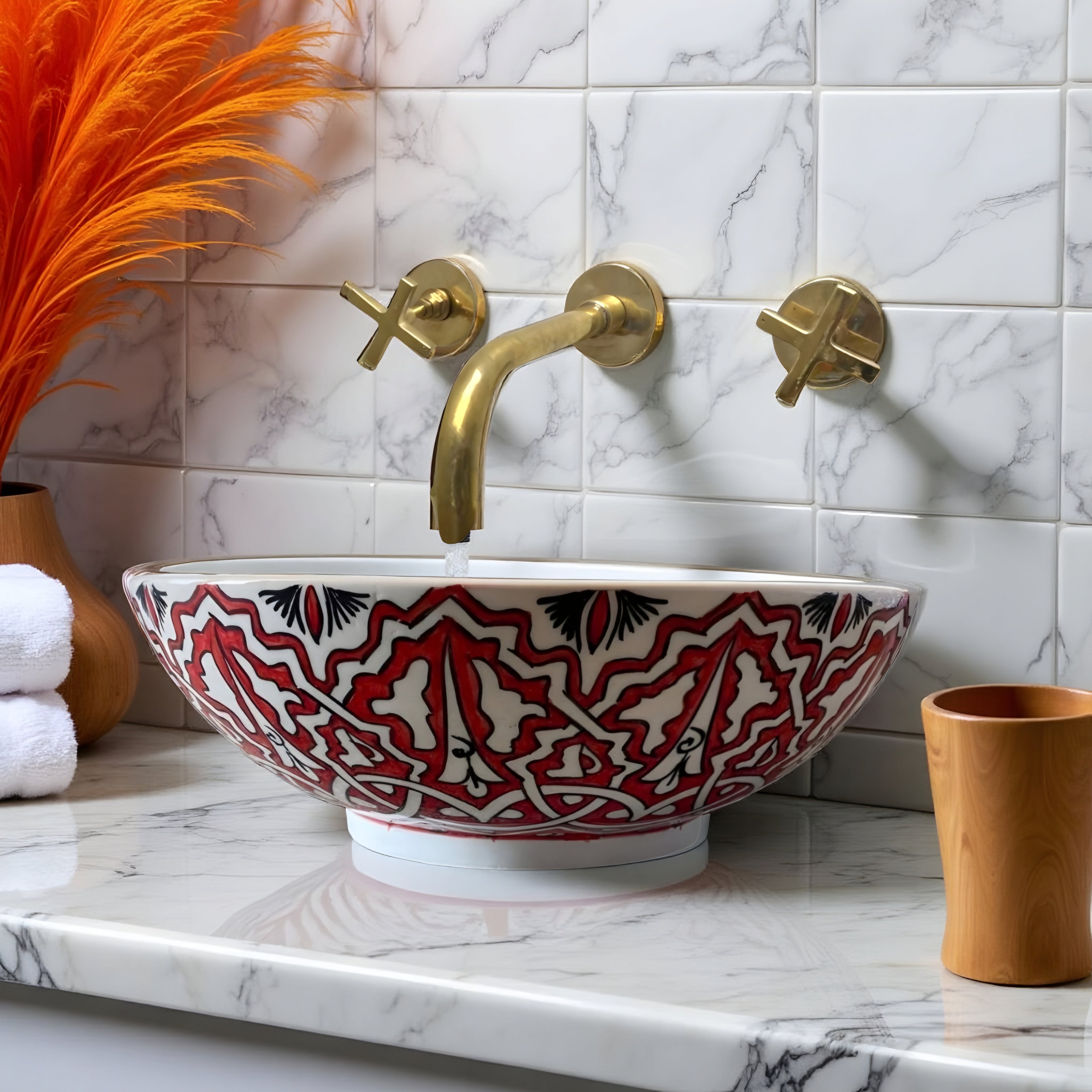 Round Hand-Painted Moroccan Ceramic Vessel Sink – Red & White Artisan Bathroom Basin