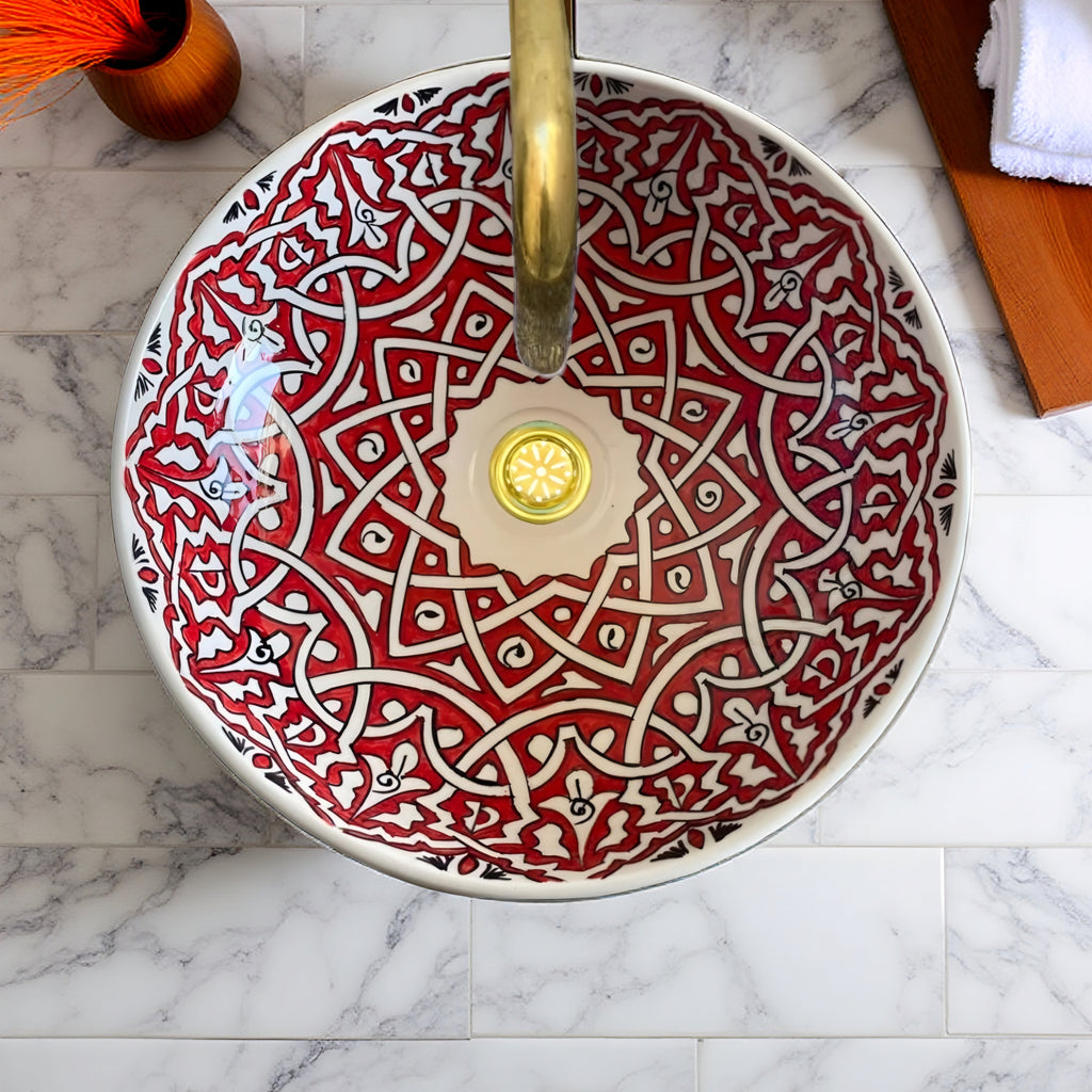 Round Hand-Painted Moroccan Ceramic Vessel Sink – Red & White Artisan Bathroom Basin