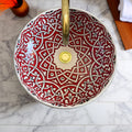 Round Hand-Painted Moroccan Ceramic Vessel Sink – Red & White Artisan Bathroom Basin