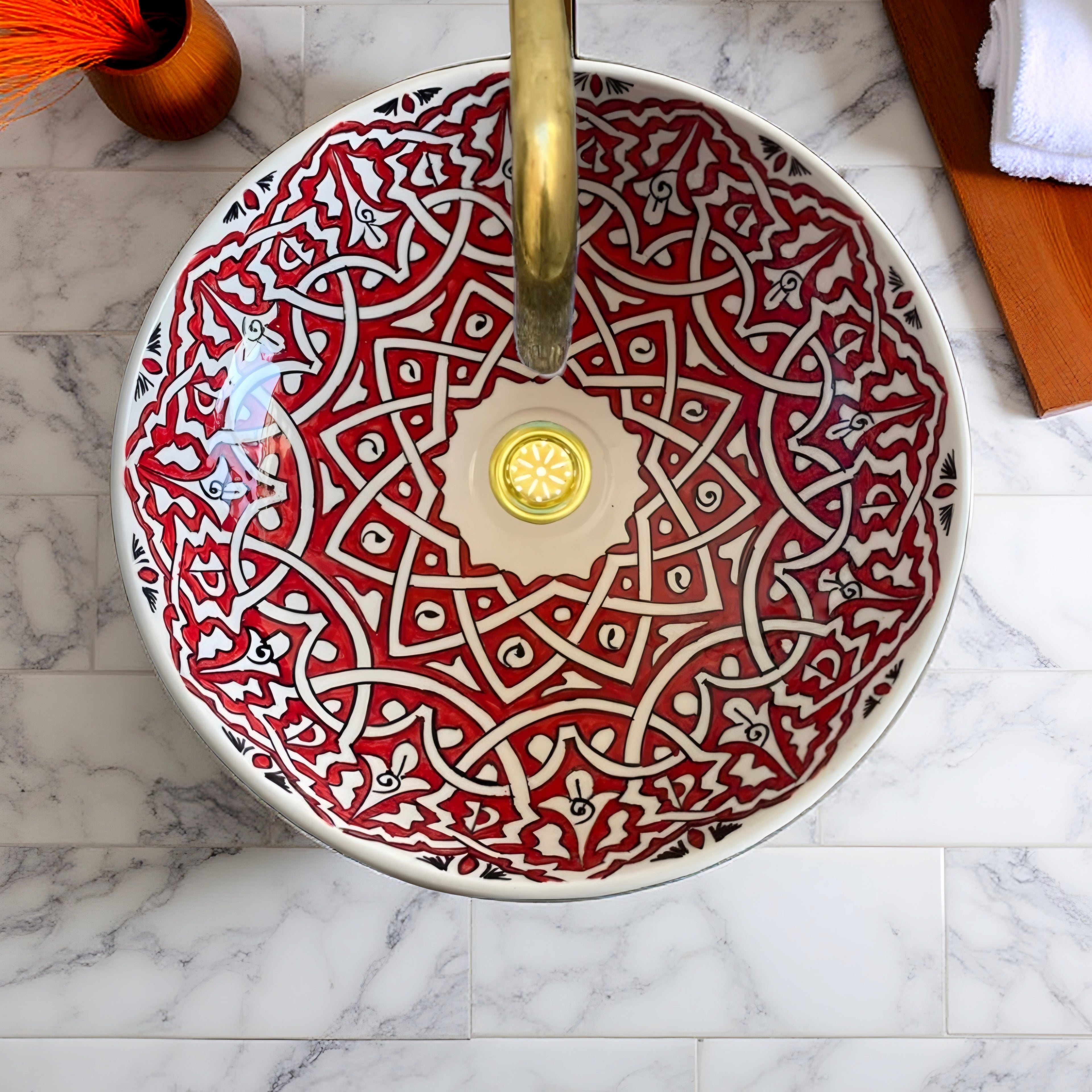 Round Hand-Painted Moroccan Ceramic Vessel Sink – Red & White Artisan Bathroom Basin