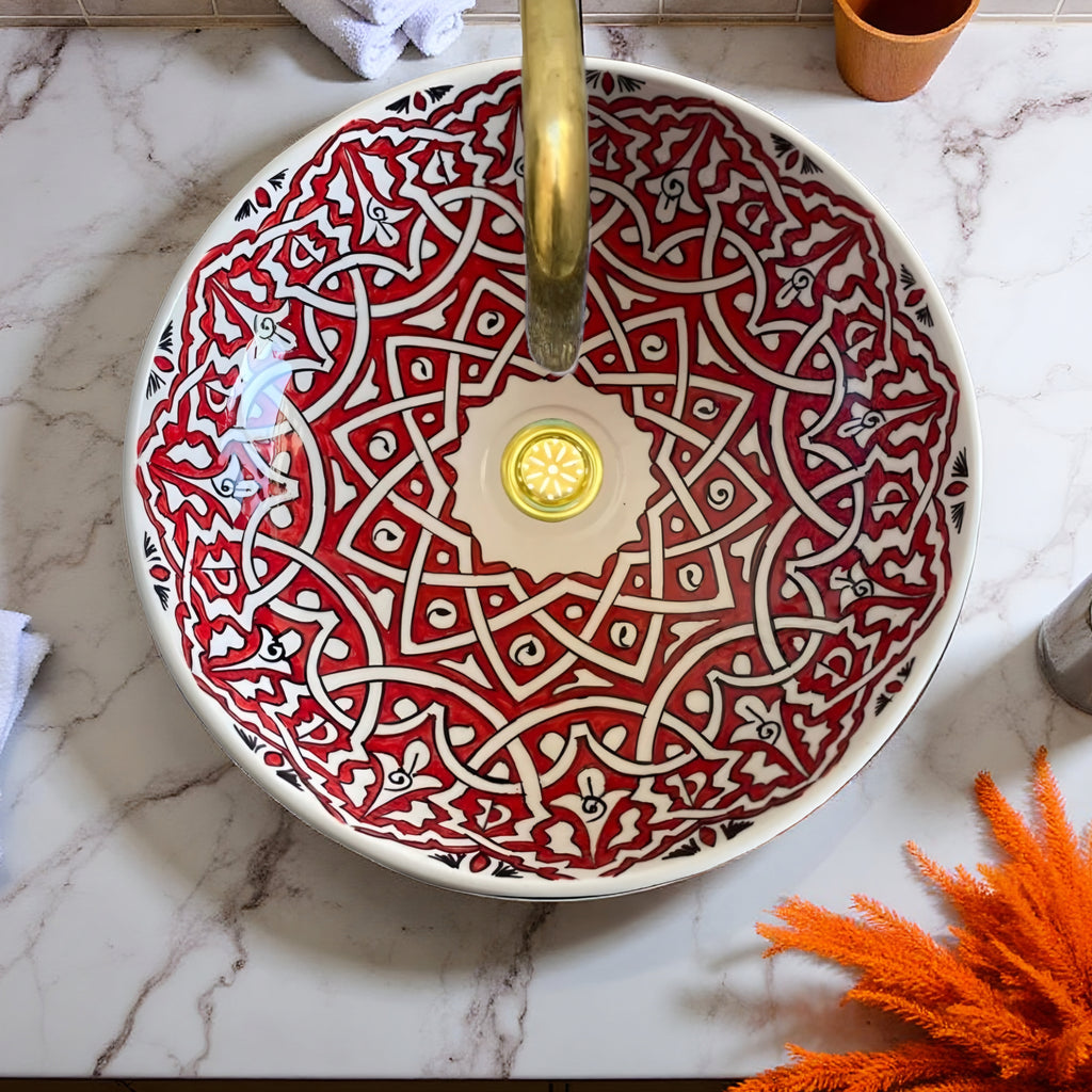 Round Hand-Painted Moroccan Ceramic Vessel Sink – Red & White Artisan Bathroom Basin