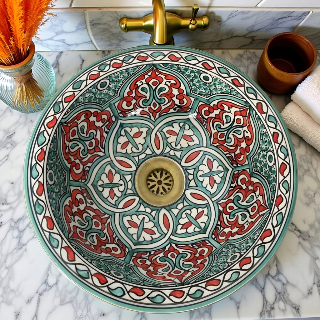 Moroccan Ceramic Vessel Sink – Red & Green Handmade Bowl