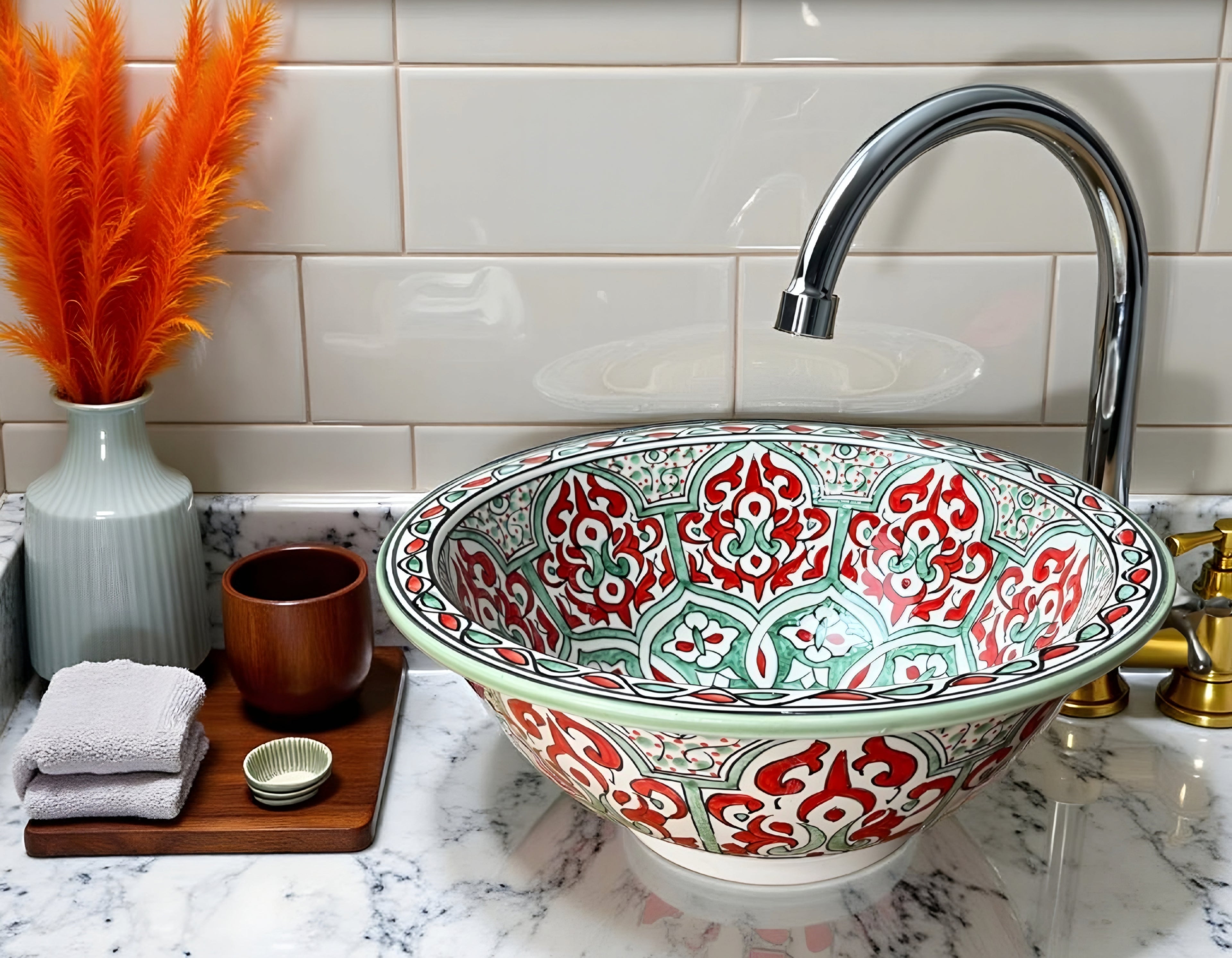 Moroccan Ceramic Vessel Sink – Red & Green Handmade Bowl