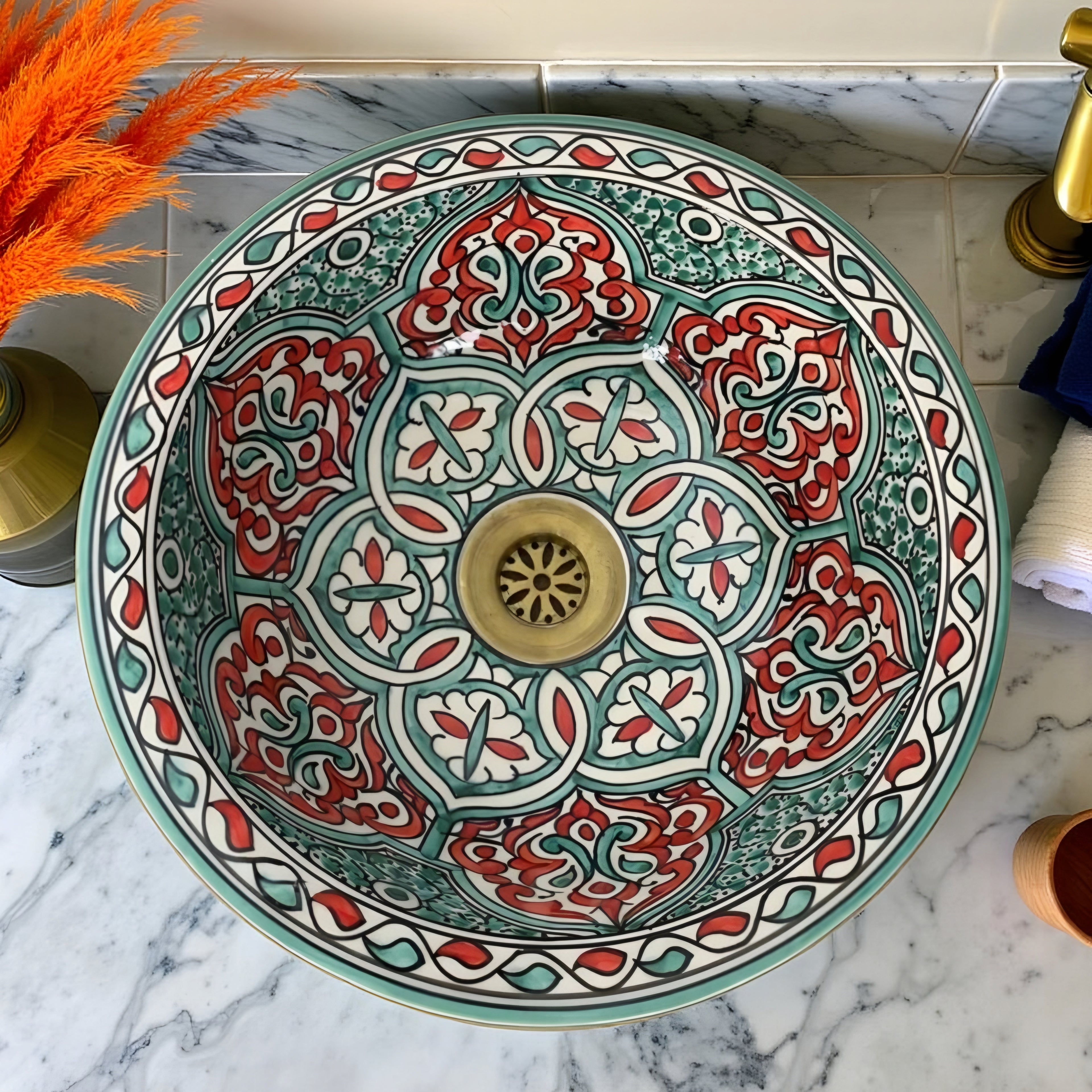 Moroccan Ceramic Vessel Sink – Red & Green Handmade Bowl