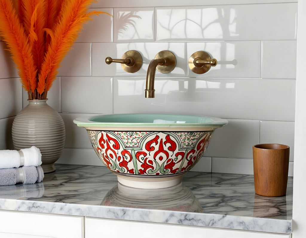 Moroccan Ceramic Vessel Sink – Red & Green Handmade Bowl