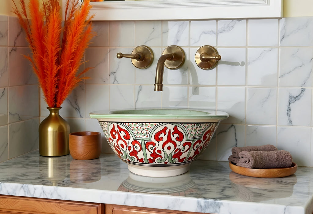 Moroccan Ceramic Vessel Sink – Red & Green Handmade Bowl