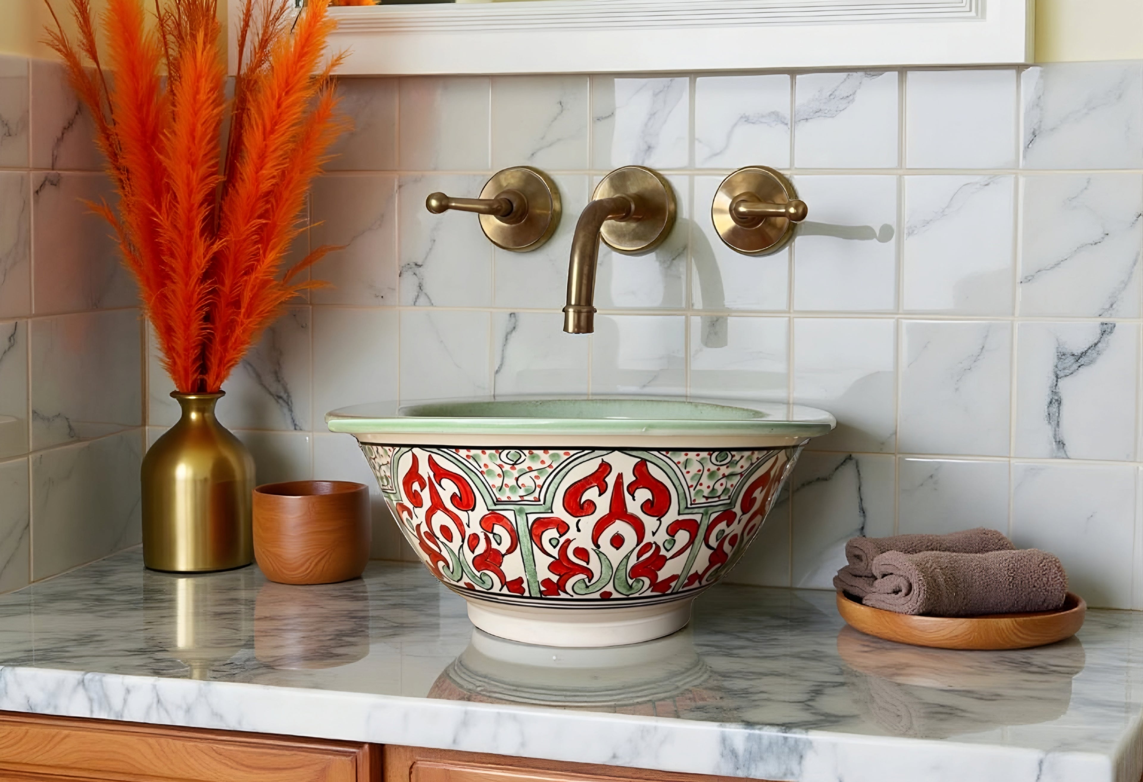 Moroccan Ceramic Vessel Sink – Red & Green Handmade Bowl