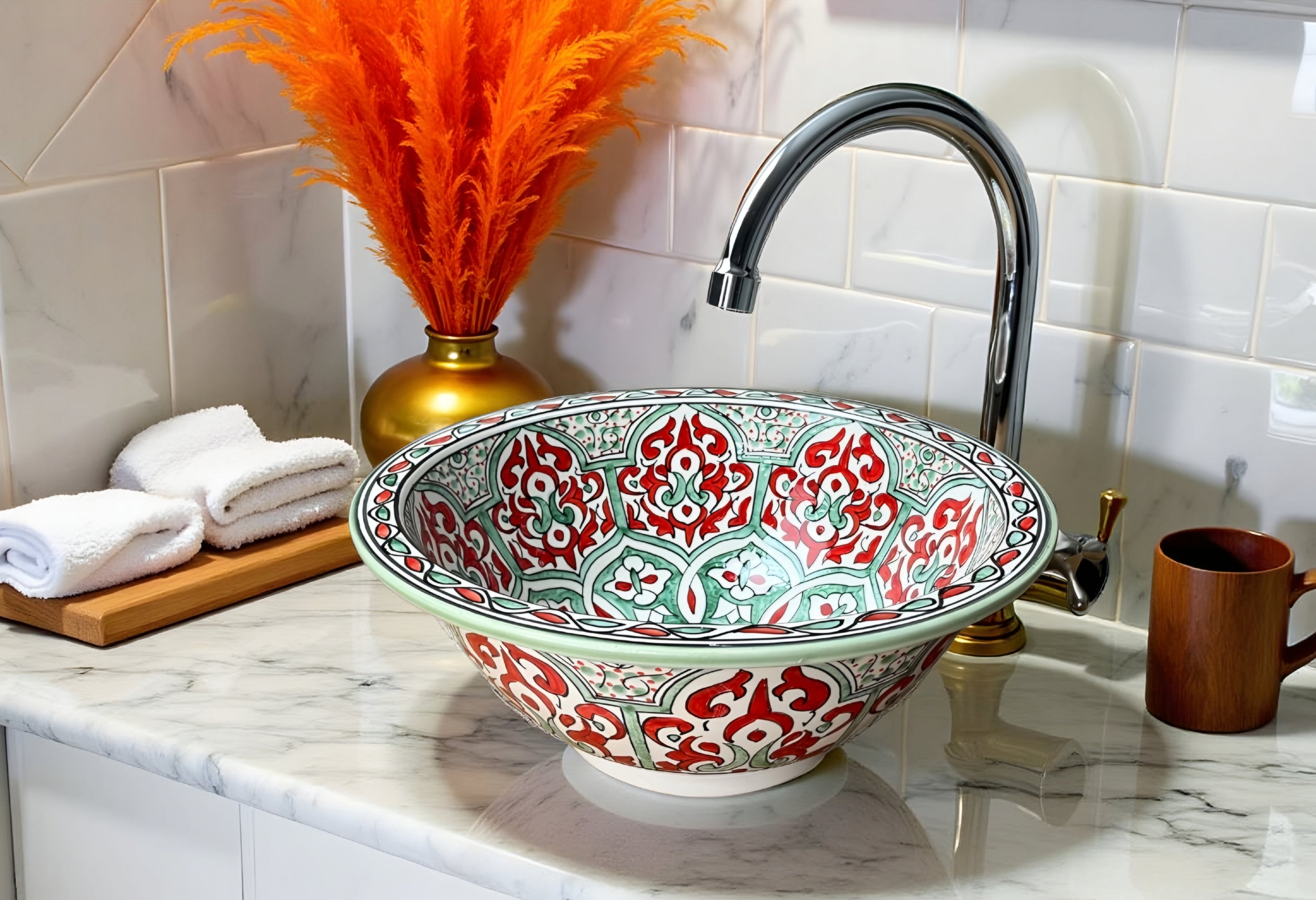 Moroccan Ceramic Vessel Sink – Red & Green Handmade Bowl