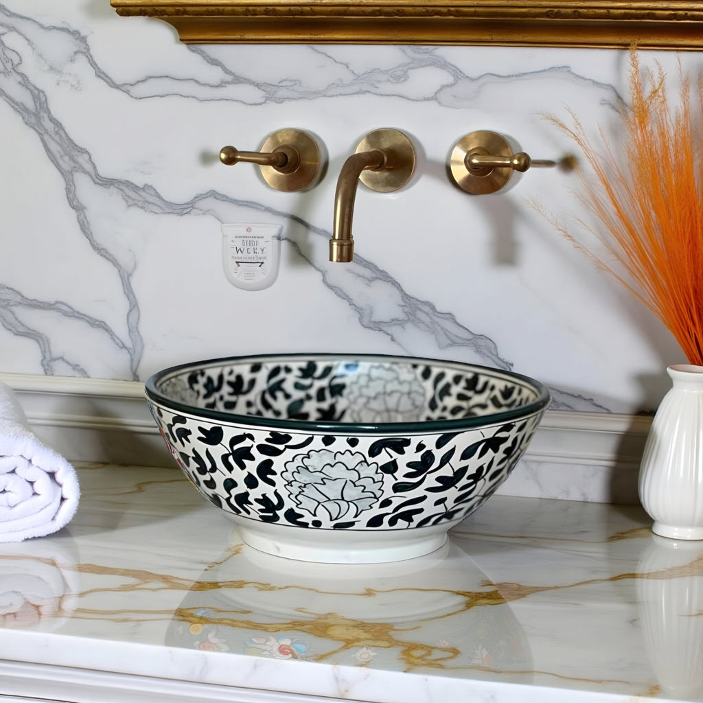 Handcrafted Moroccan Ceramic Vessel Sink – Black & White Floral Bathroom Basin