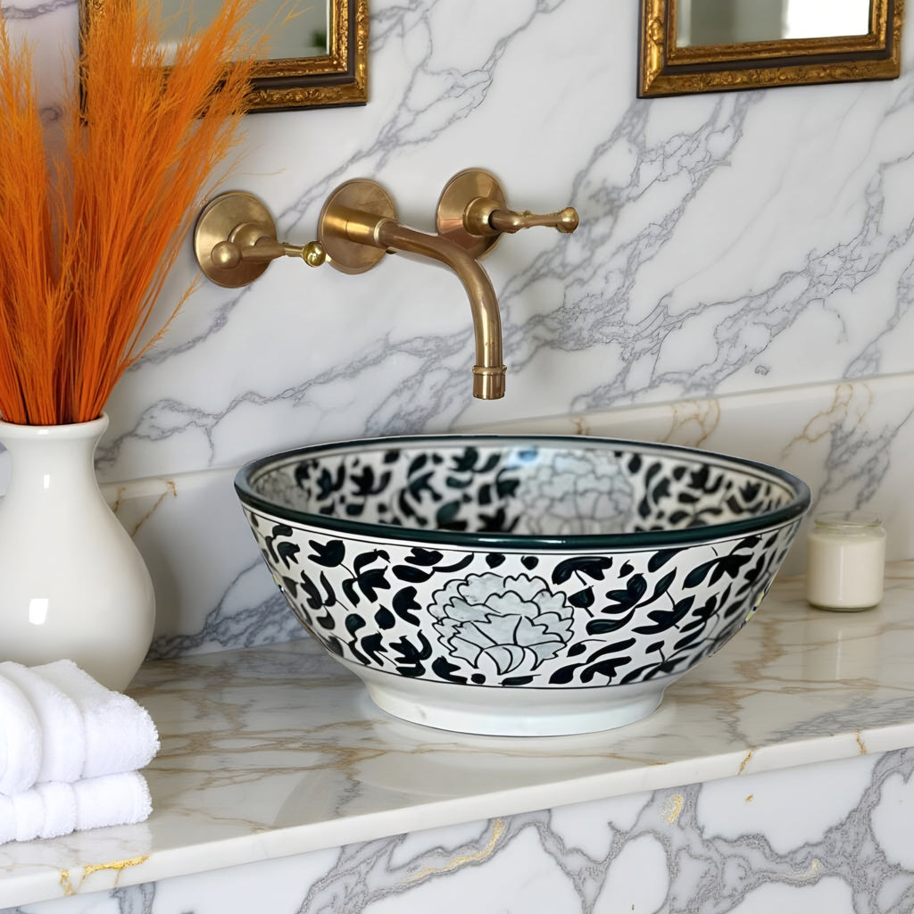 Handcrafted Moroccan Ceramic Vessel Sink – Black & White Floral Bathroom Basin