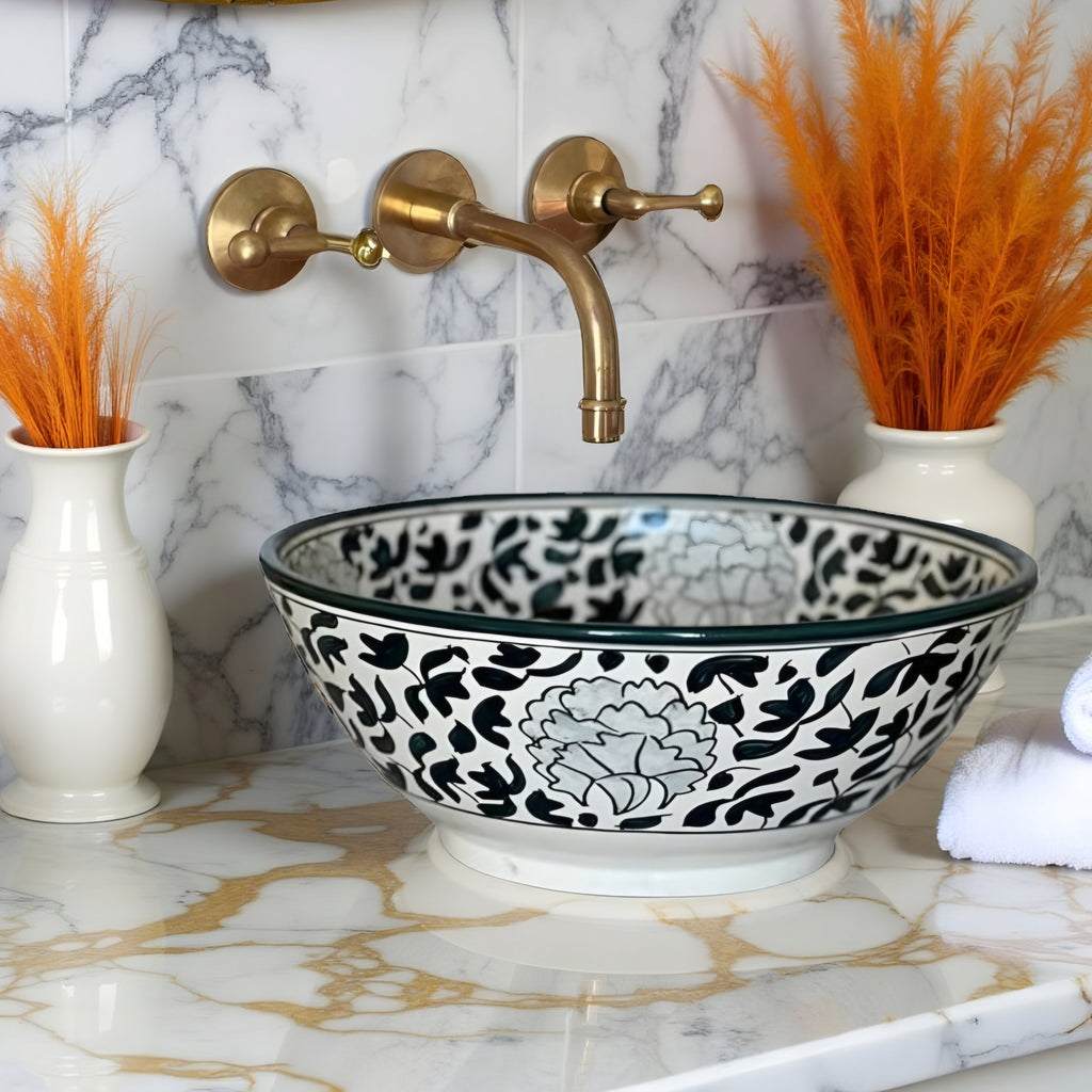 Handcrafted Moroccan Ceramic Vessel Sink – Black & White Floral Bathroom Basin