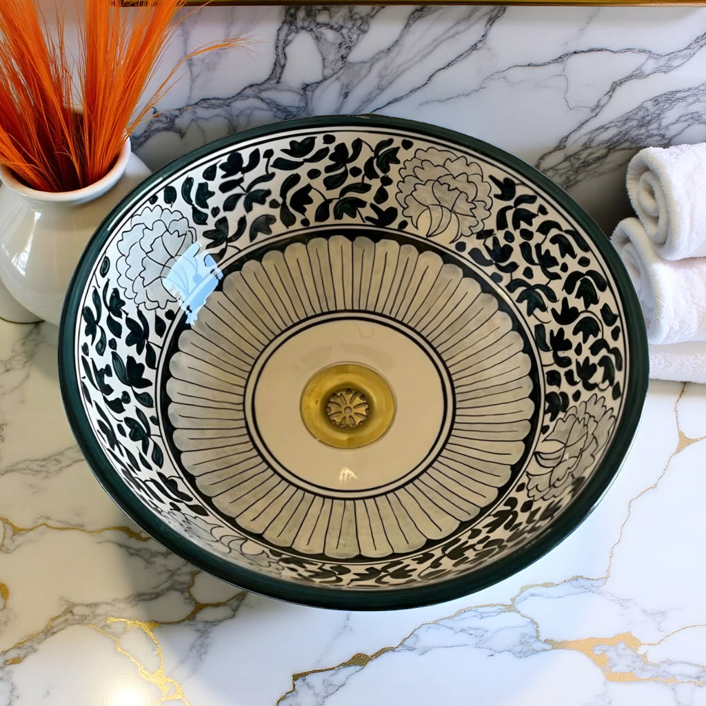 Handcrafted Moroccan Ceramic Vessel Sink – Black & White Floral Bathroom Basin