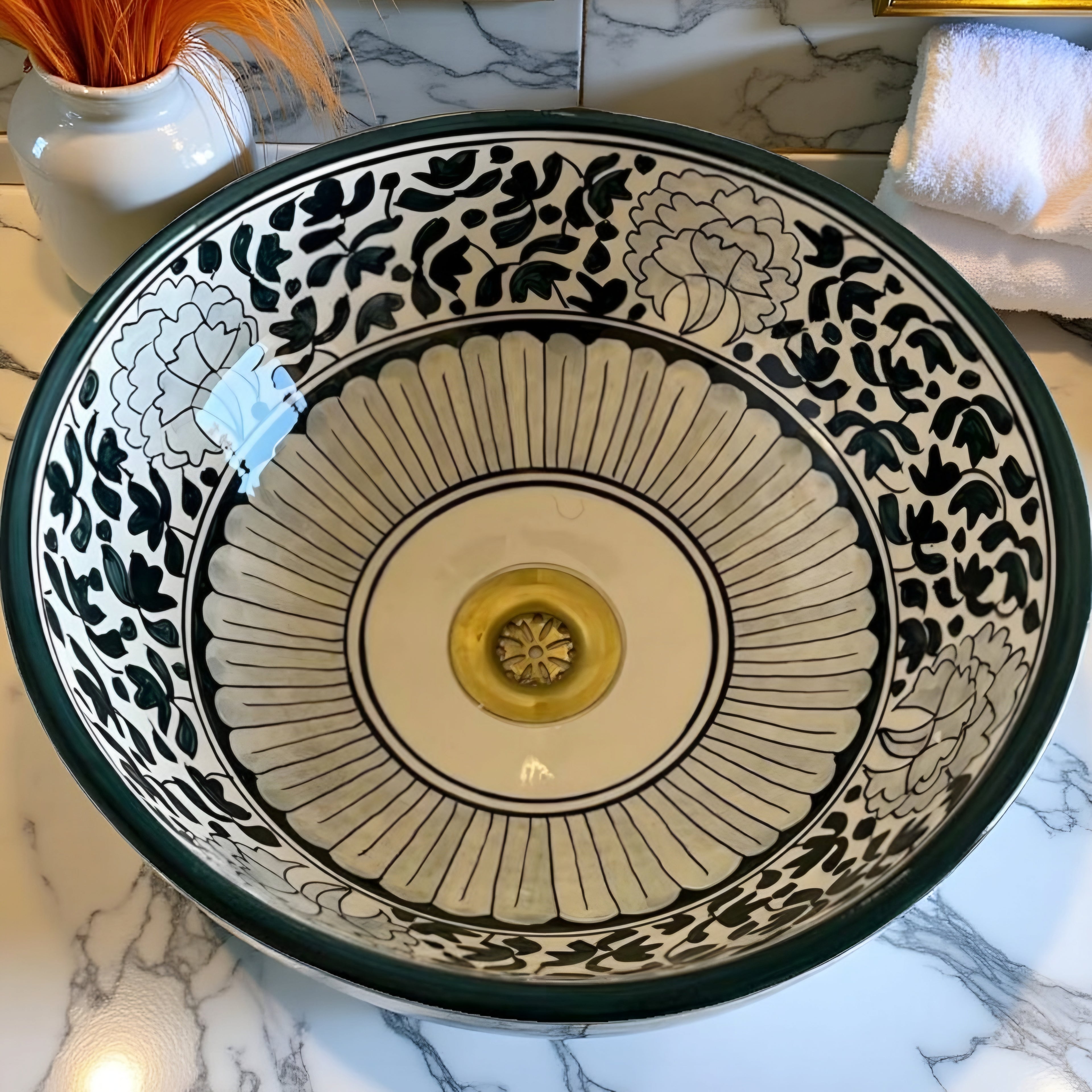 Handcrafted Moroccan Ceramic Vessel Sink – Black & White Floral Bathroom Basin
