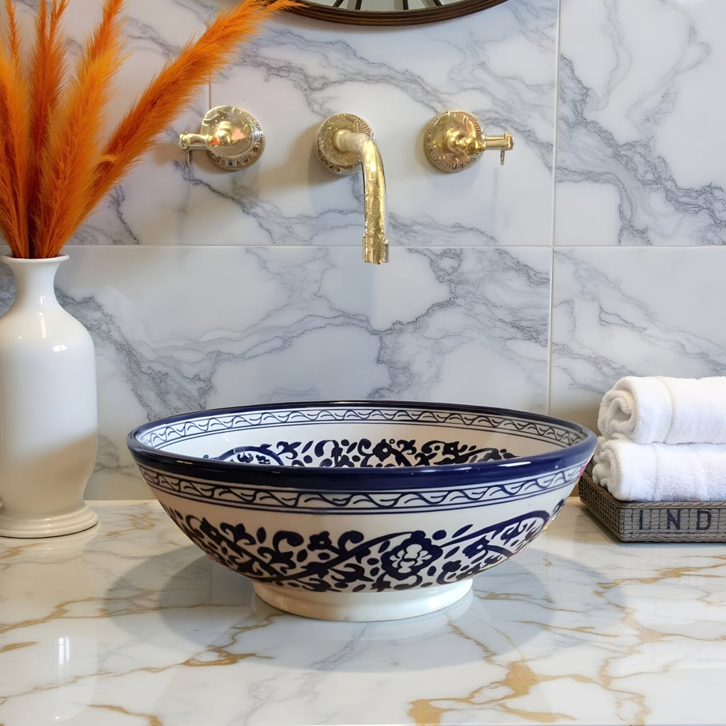 Handcrafted Moroccan Ceramic Vessel Sink – Blue & White Floral Bathroom Basin