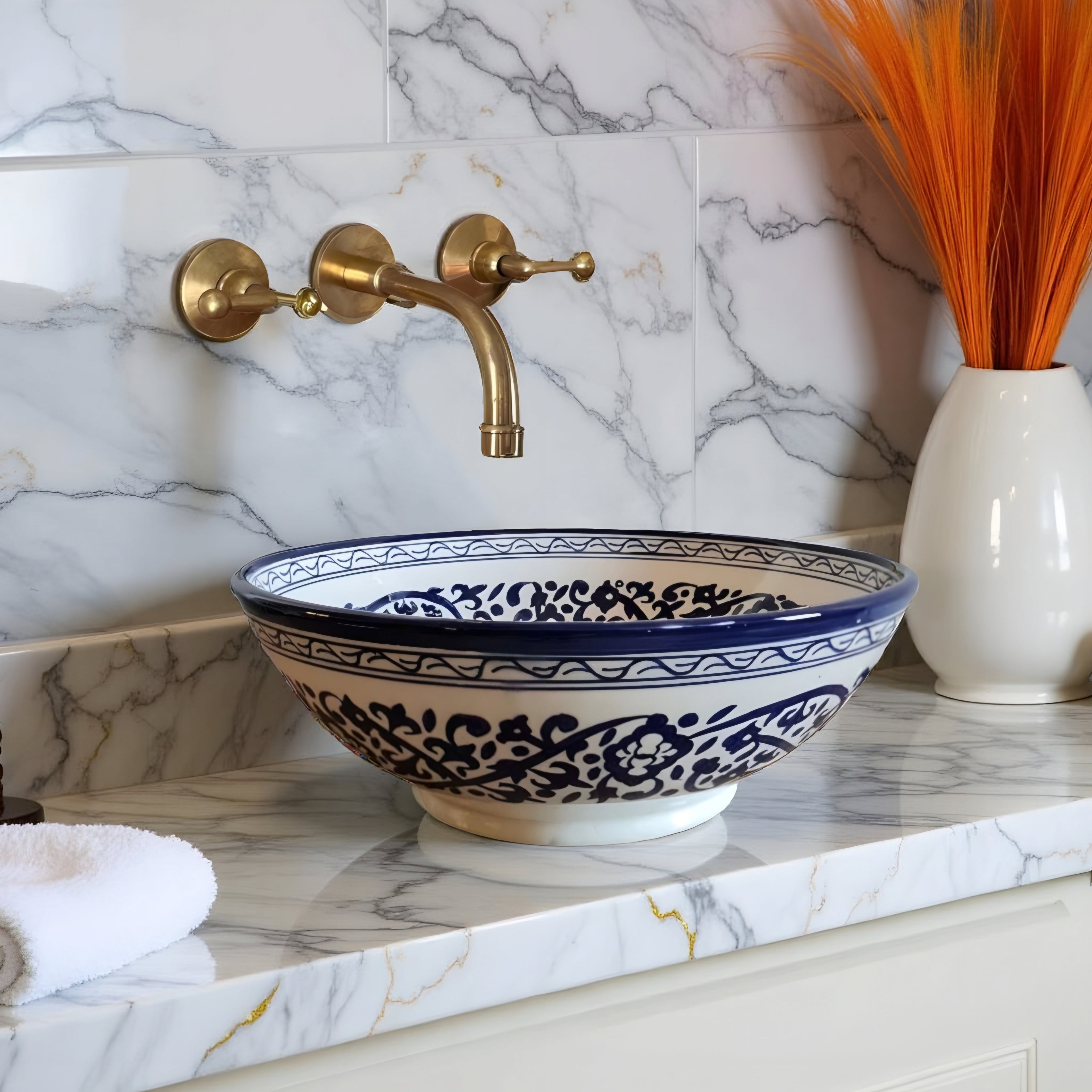 Handcrafted Moroccan Ceramic Vessel Sink – Blue & White Floral Bathroom Basin