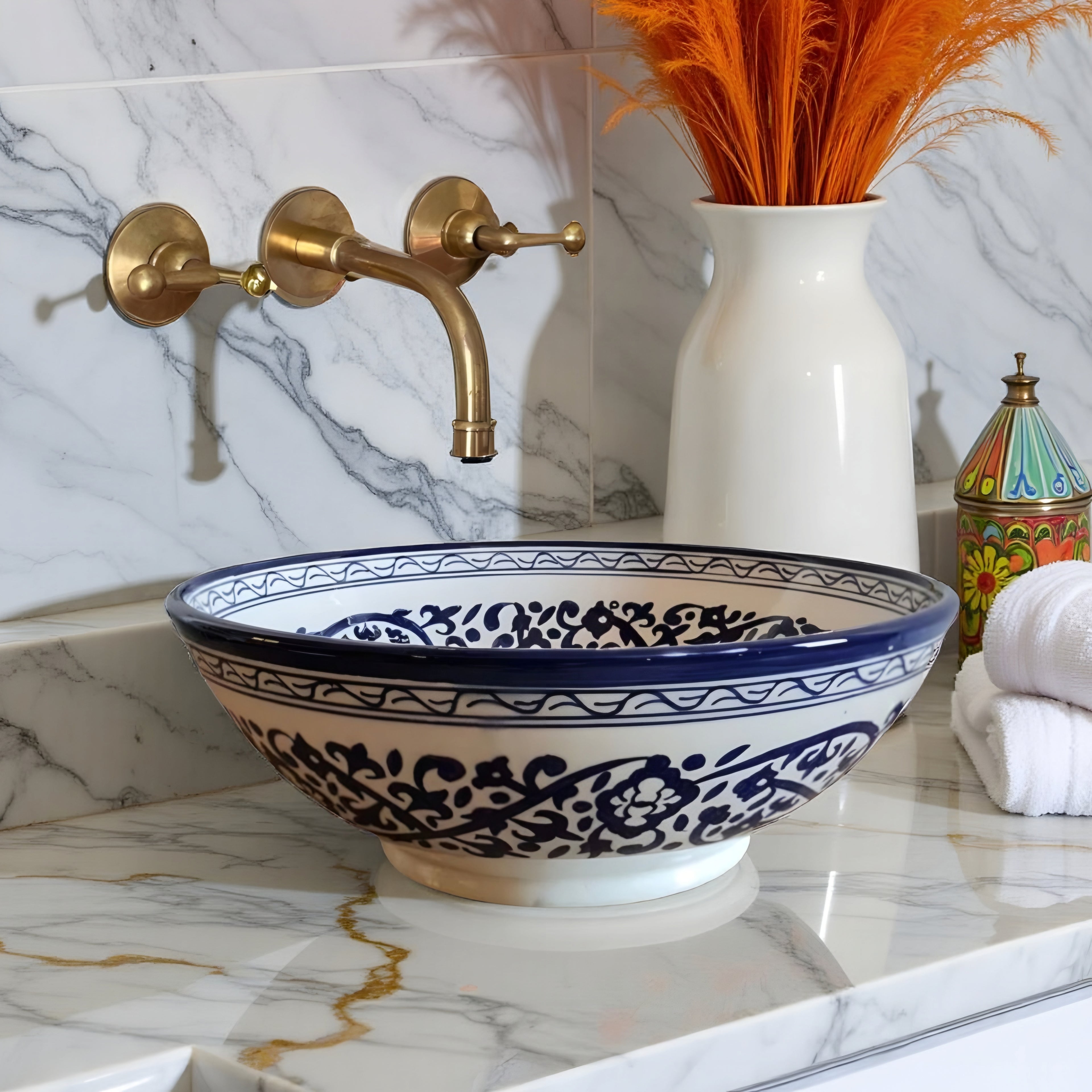 Handcrafted Moroccan Ceramic Vessel Sink – Blue & White Floral Bathroom Basin