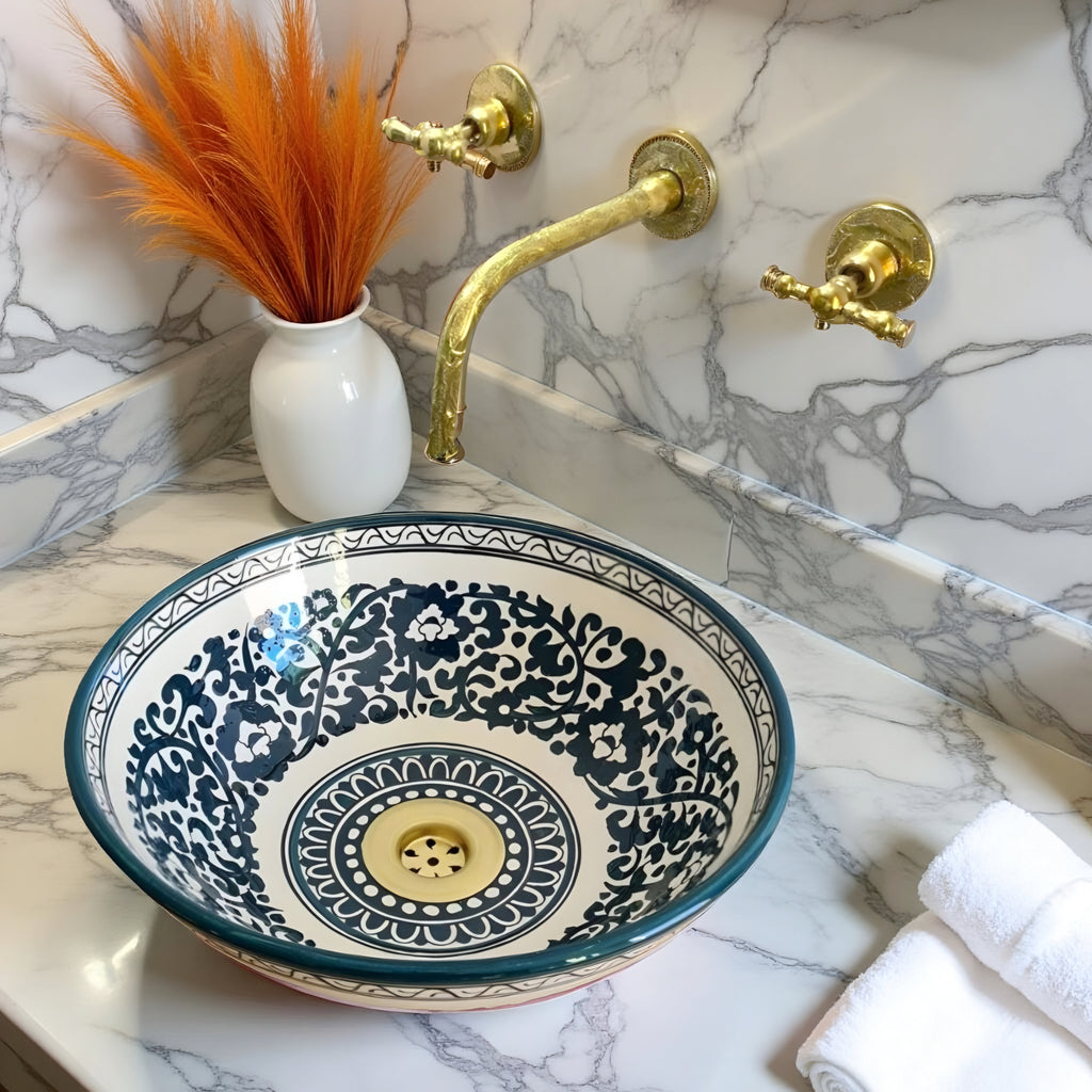 Handcrafted Moroccan Ceramic Vessel Sink – Blue & White Floral Bathroom Basin