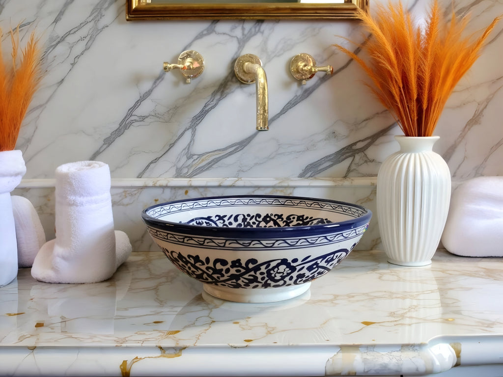 Handcrafted Moroccan Ceramic Vessel Sink – Blue & White Floral Bathroom Basin