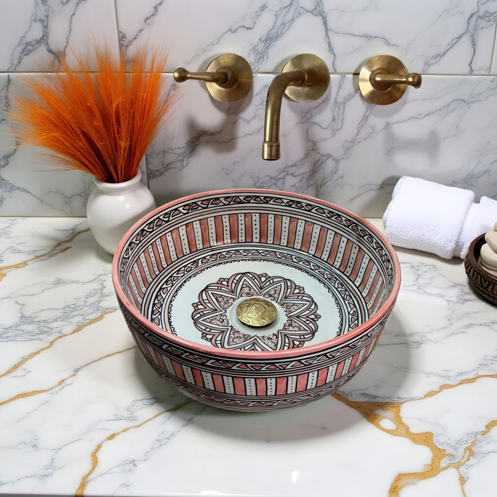 Hand-Painted Moroccan Ceramic Vessel Sink – Red & Green Artisan Bathroom Basin