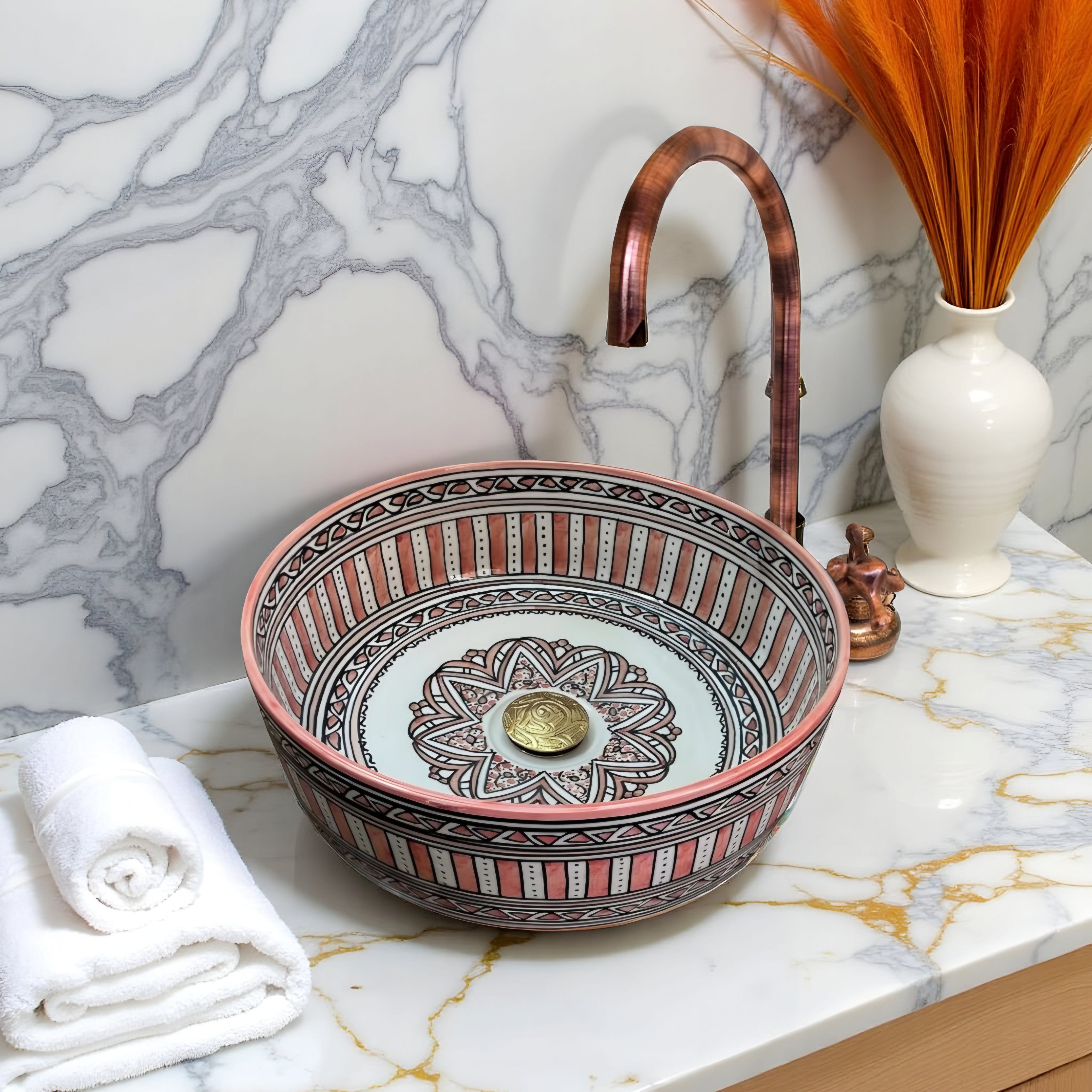 Hand-Painted Moroccan Ceramic Vessel Sink – Red & Green Artisan Bathroom Basin