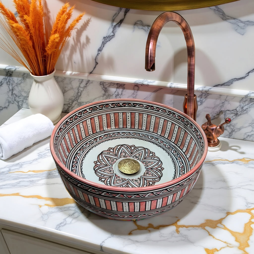 Hand-Painted Moroccan Ceramic Vessel Sink – Red & Green Artisan Bathroom Basin