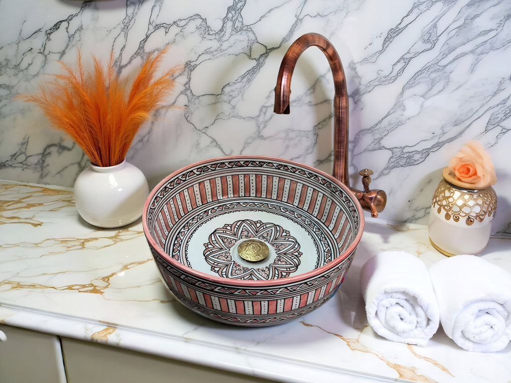 Hand-Painted Moroccan Ceramic Vessel Sink – Red & Green Artisan Bathroom Basin