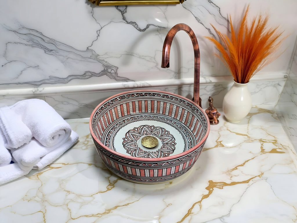 Hand-Painted Moroccan Ceramic Vessel Sink – Red & Green Artisan Bathroom Basin