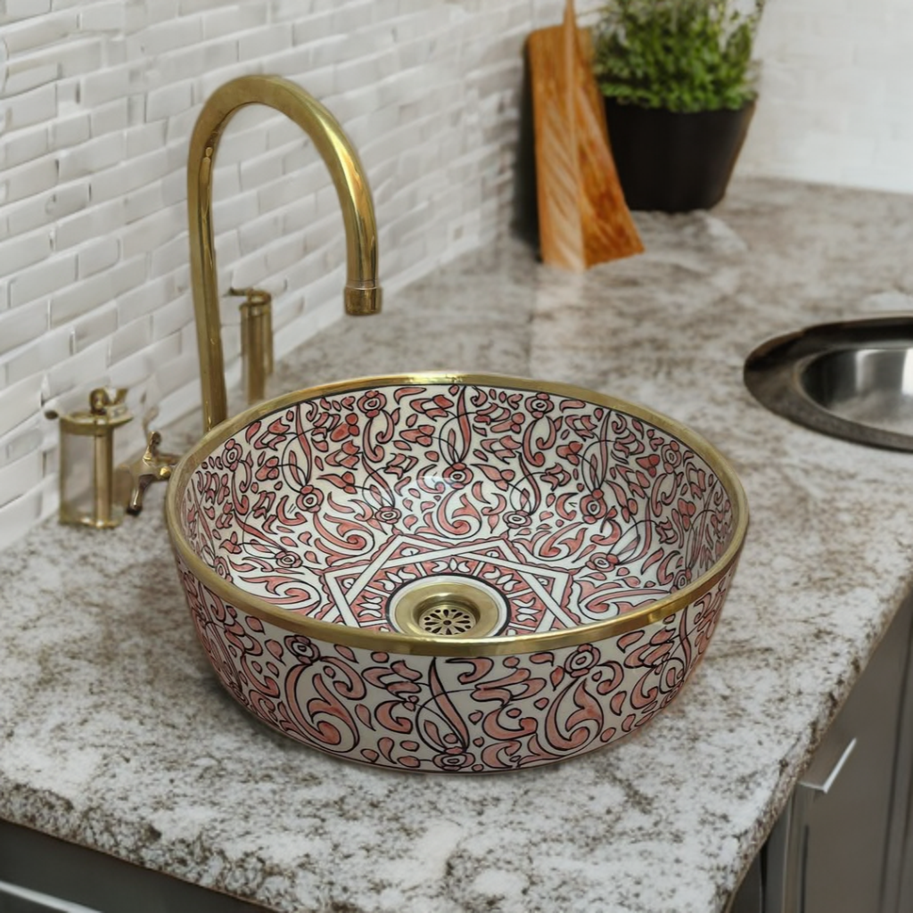 Handcrafted Moroccan Ceramic Vessel Sink – Blush Pink & Gold Floral Bathroom Basin | Luxury Hand-Painted Wash Bowl