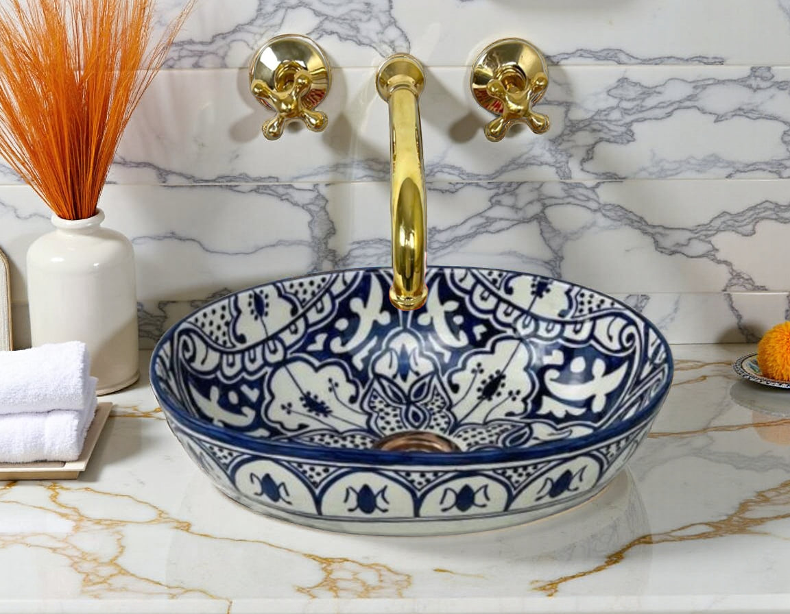 Handcrafted Moroccan Ceramic Oval Vessel Sink – Blue & White Artisan Bathroom Basin