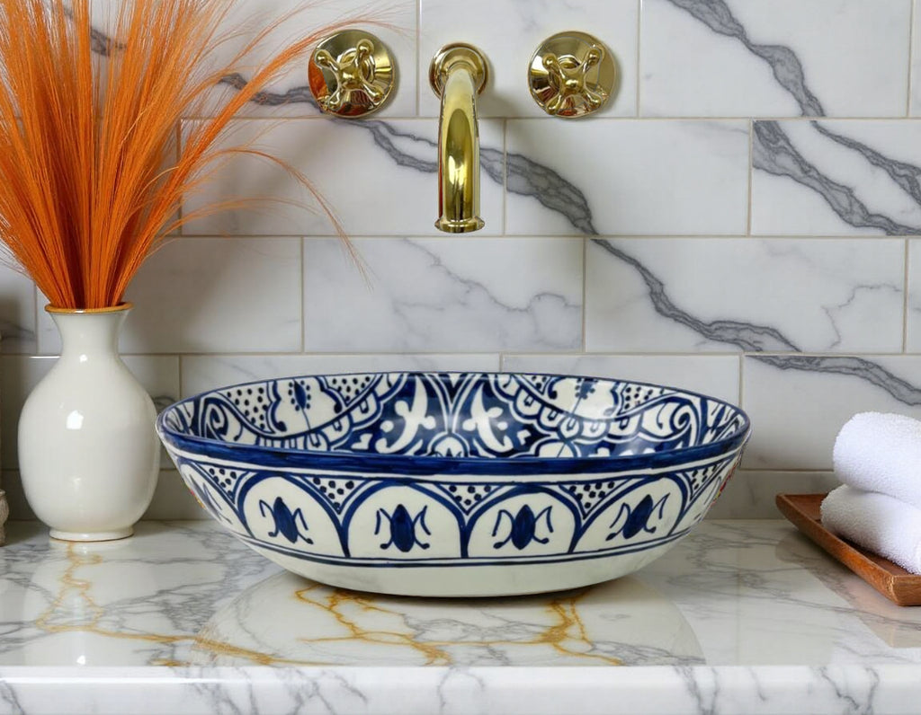 Handcrafted Moroccan Ceramic Oval Vessel Sink – Blue & White Artisan Bathroom Basin