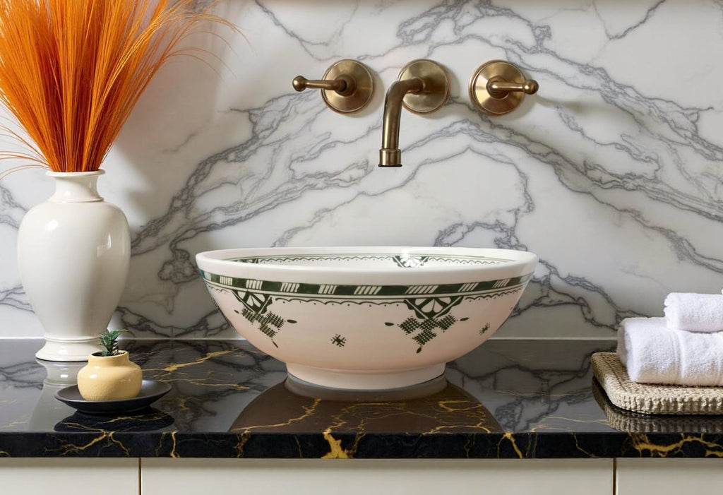 Handcrafted Moroccan Ceramic Vessel Sink – Black & White Berber Amazigh Bathroom Basin | Artisan Tribal Wash Bowl