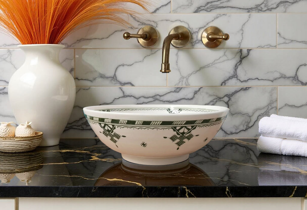 Handcrafted Moroccan Ceramic Vessel Sink – Black & White Berber Amazigh Bathroom Basin | Artisan Tribal Wash Bowl