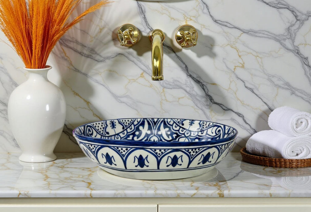 Handcrafted Moroccan Ceramic Oval Vessel Sink – Blue & White Artisan Bathroom Basin